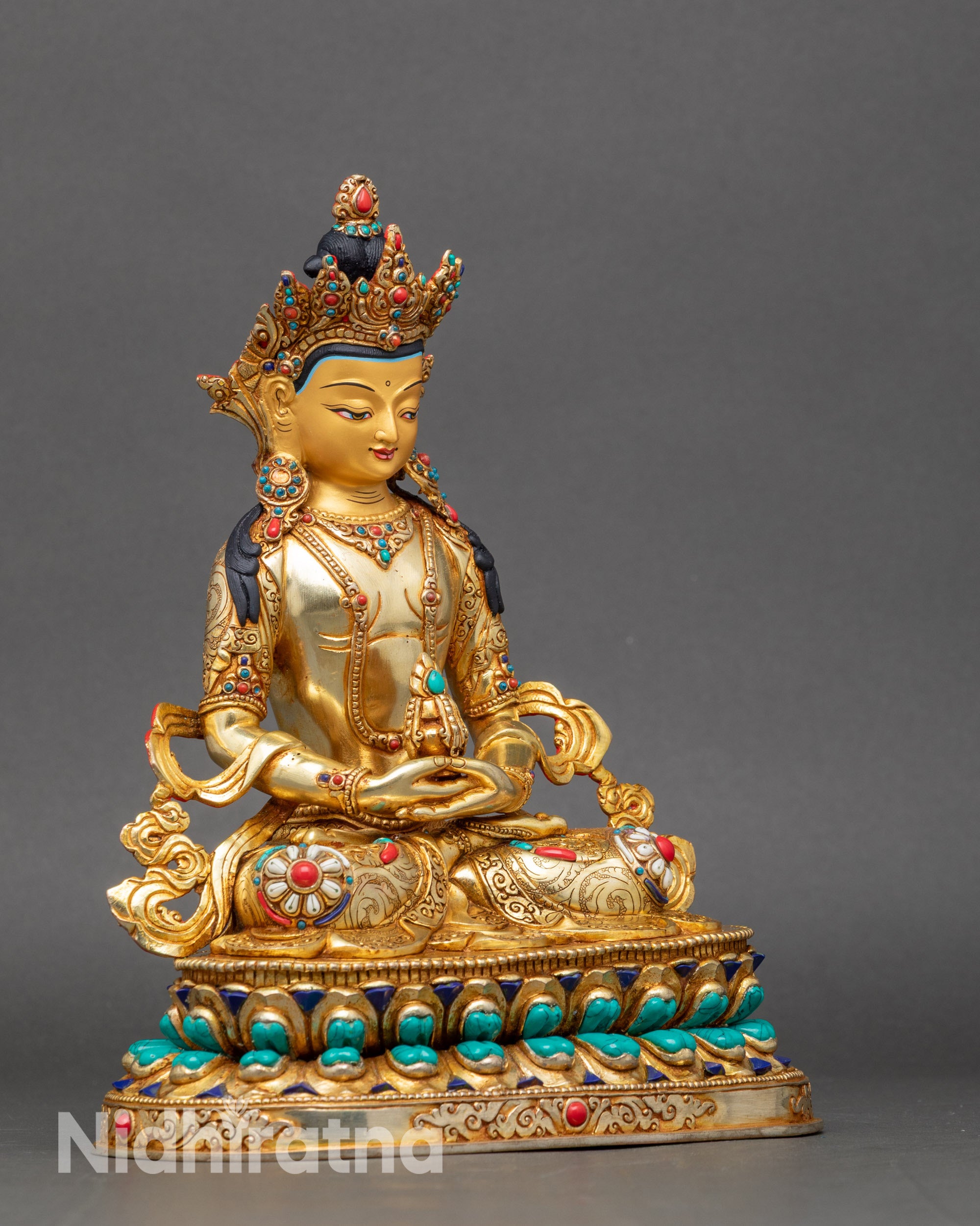 Right side view of Tibetan Amitayus Bodhisattva Statue, lost-wax cast copper with gold gilding