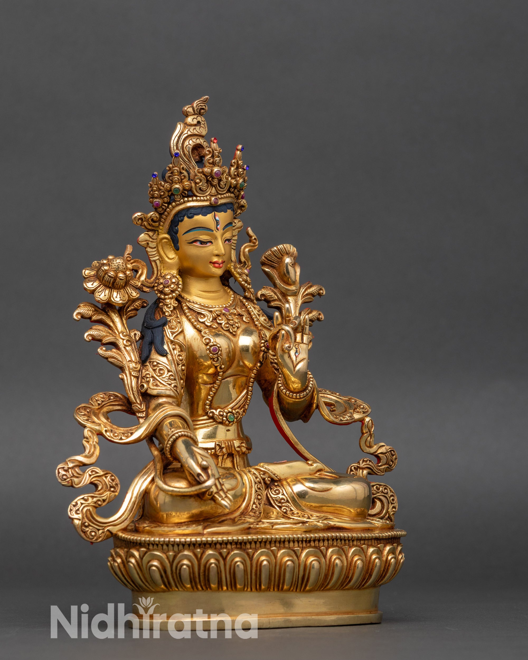 Right side view of White Tara Statue, Nepalese copper sculpture for meditation altar