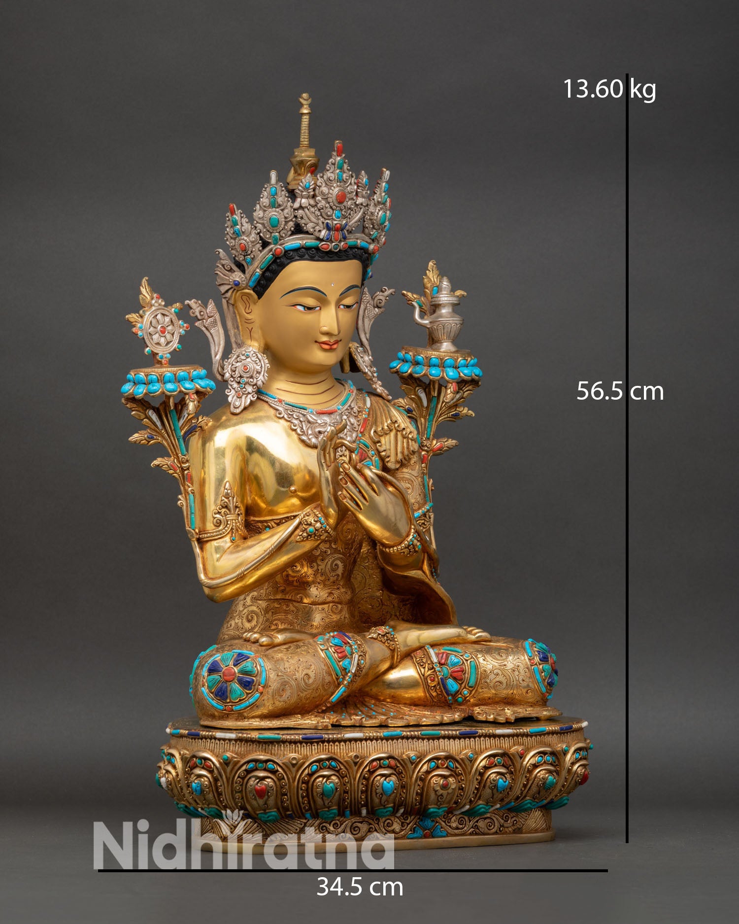 Right side view of Maitreya Buddha Statue, handcrafted copper sculpture with fire gilding, lotus base and ornamental detailing
