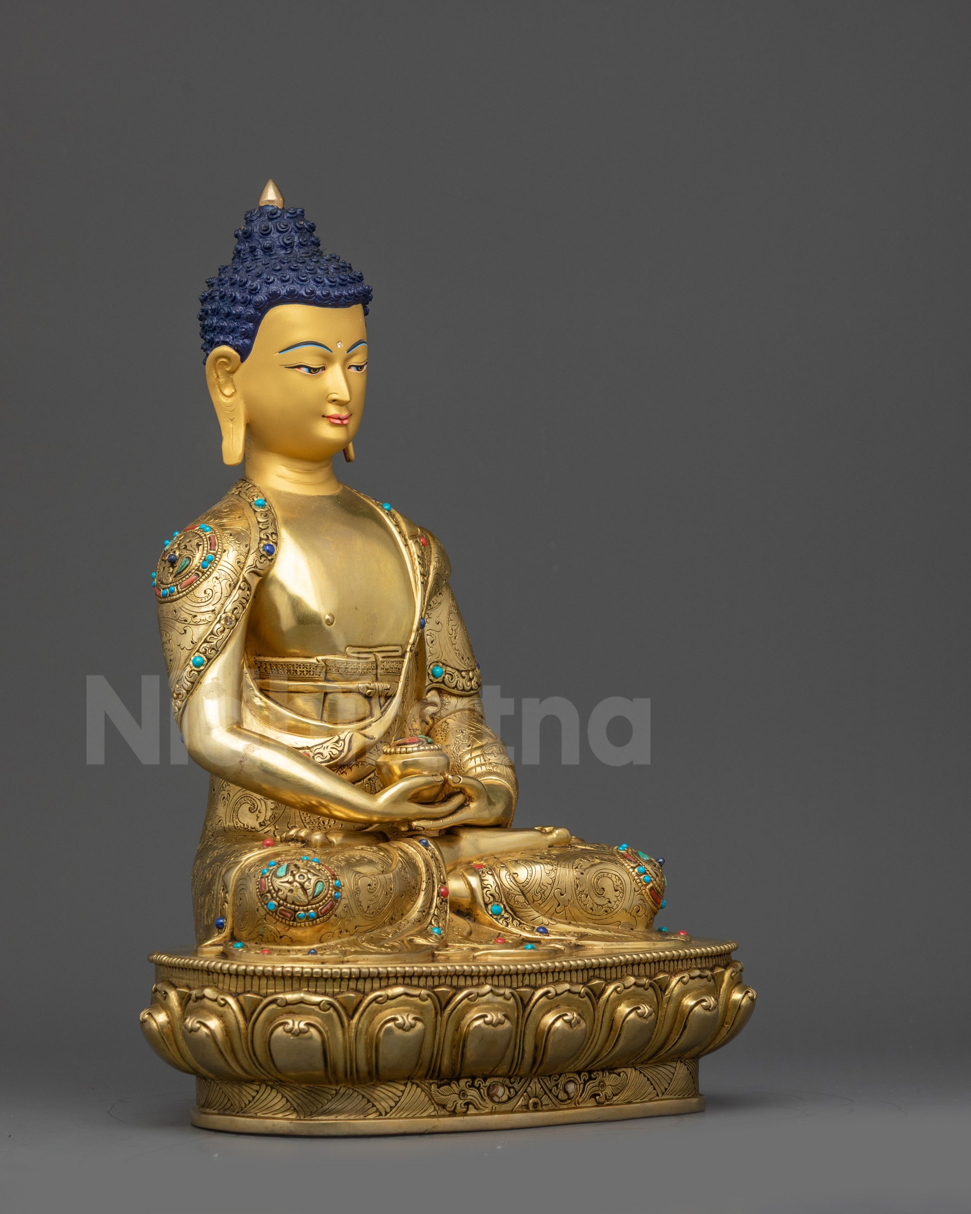 Right view side Amitabha Buddha 24k gold-gilded copper meditation statue profile