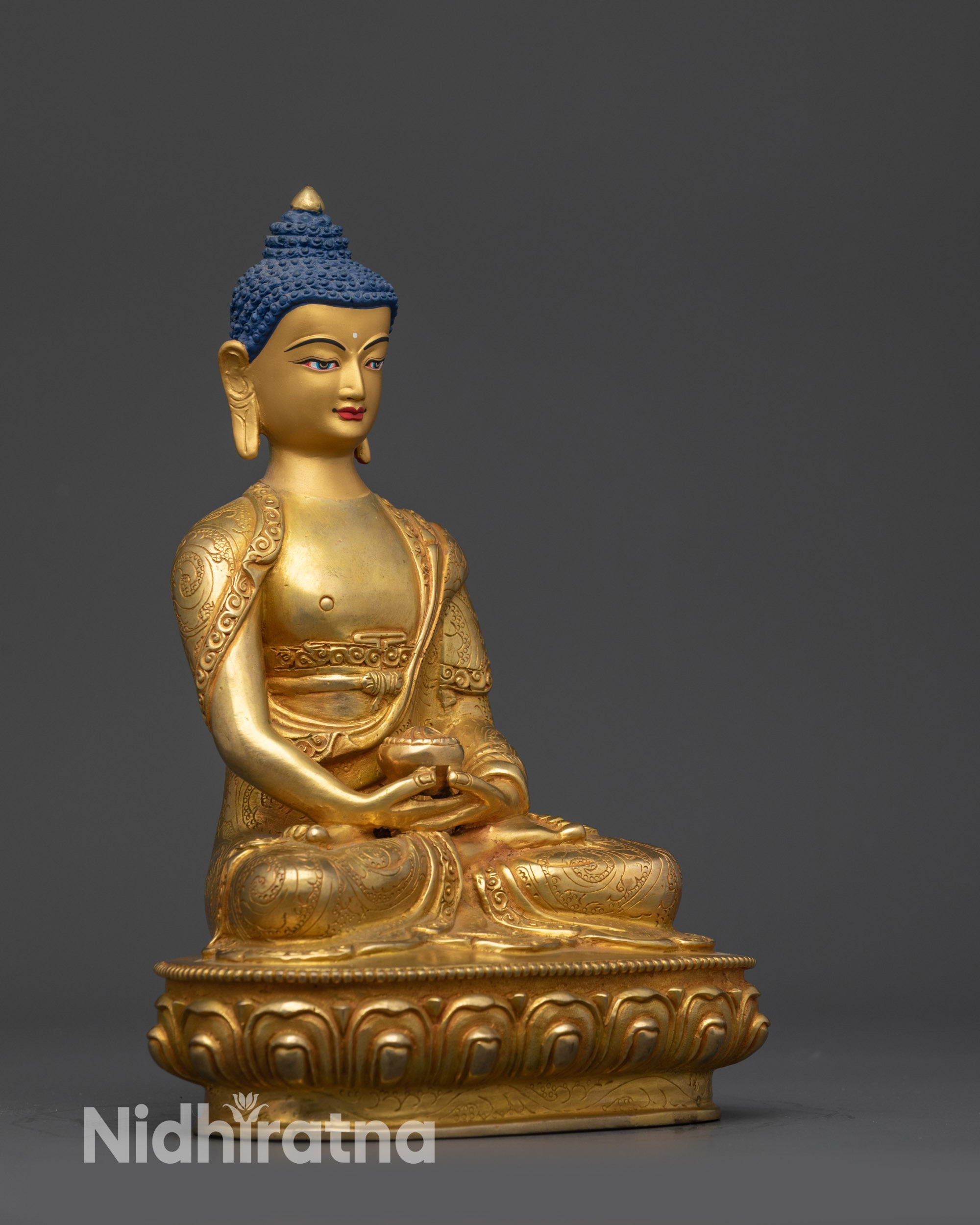 Right view side Amitabha Buddha statue seated on lotus seat with monk bowl and robe details