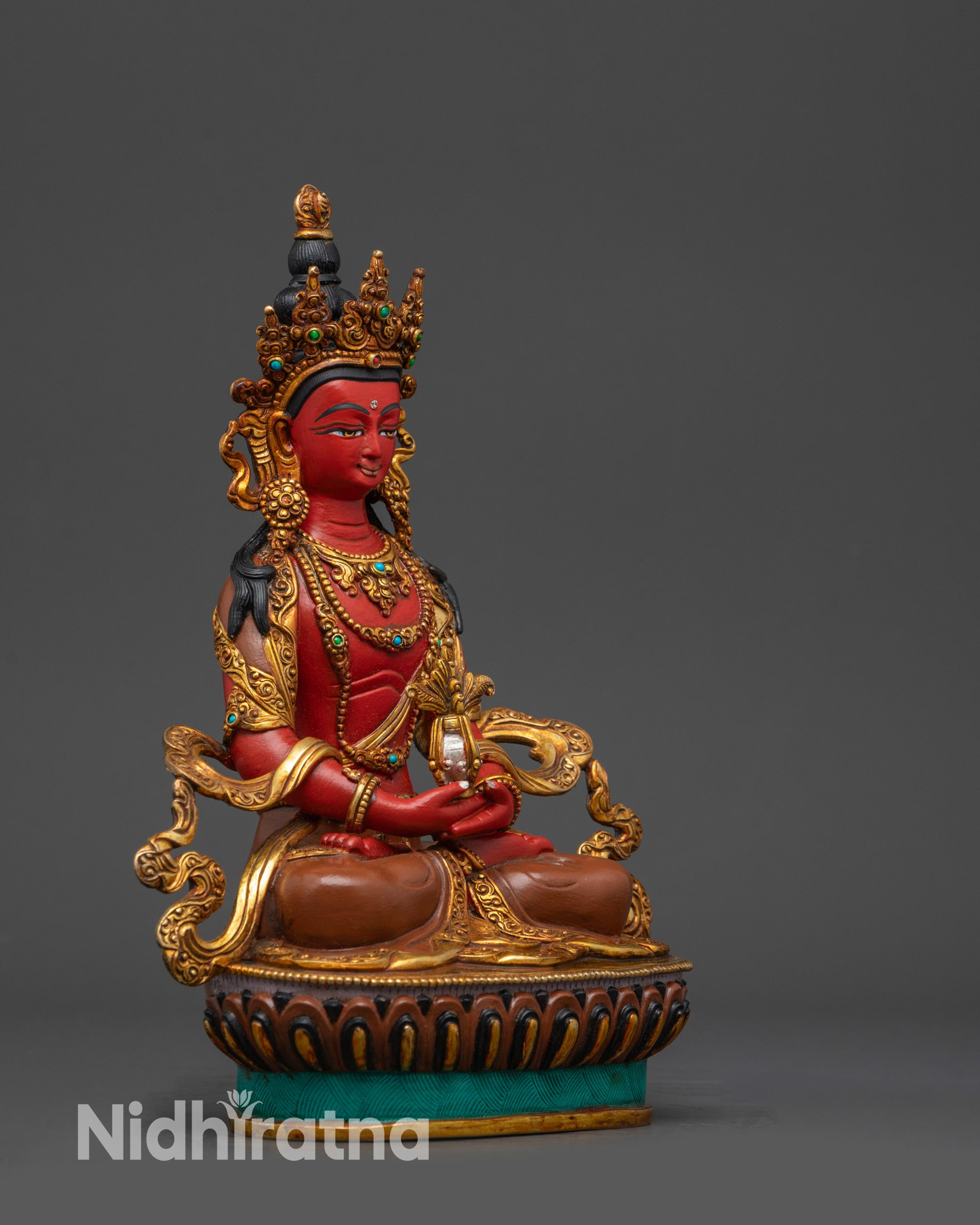 Right view side Amitayus Buddha meditation statue right side showing lotus and vase