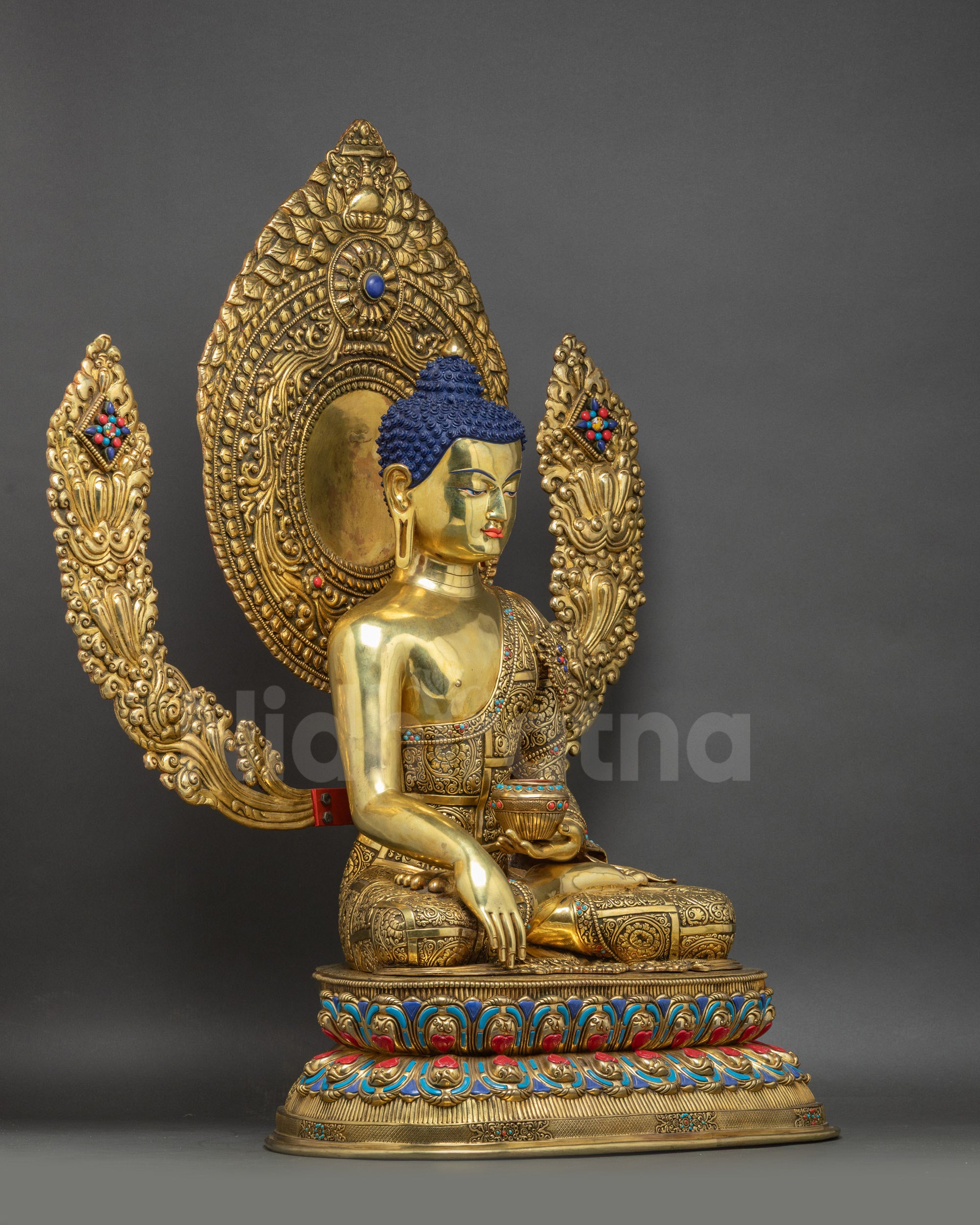 Right view side Buddha Shakyamuni Statue holding Alms Bowl in Bhumisparsha Mudra on lotus