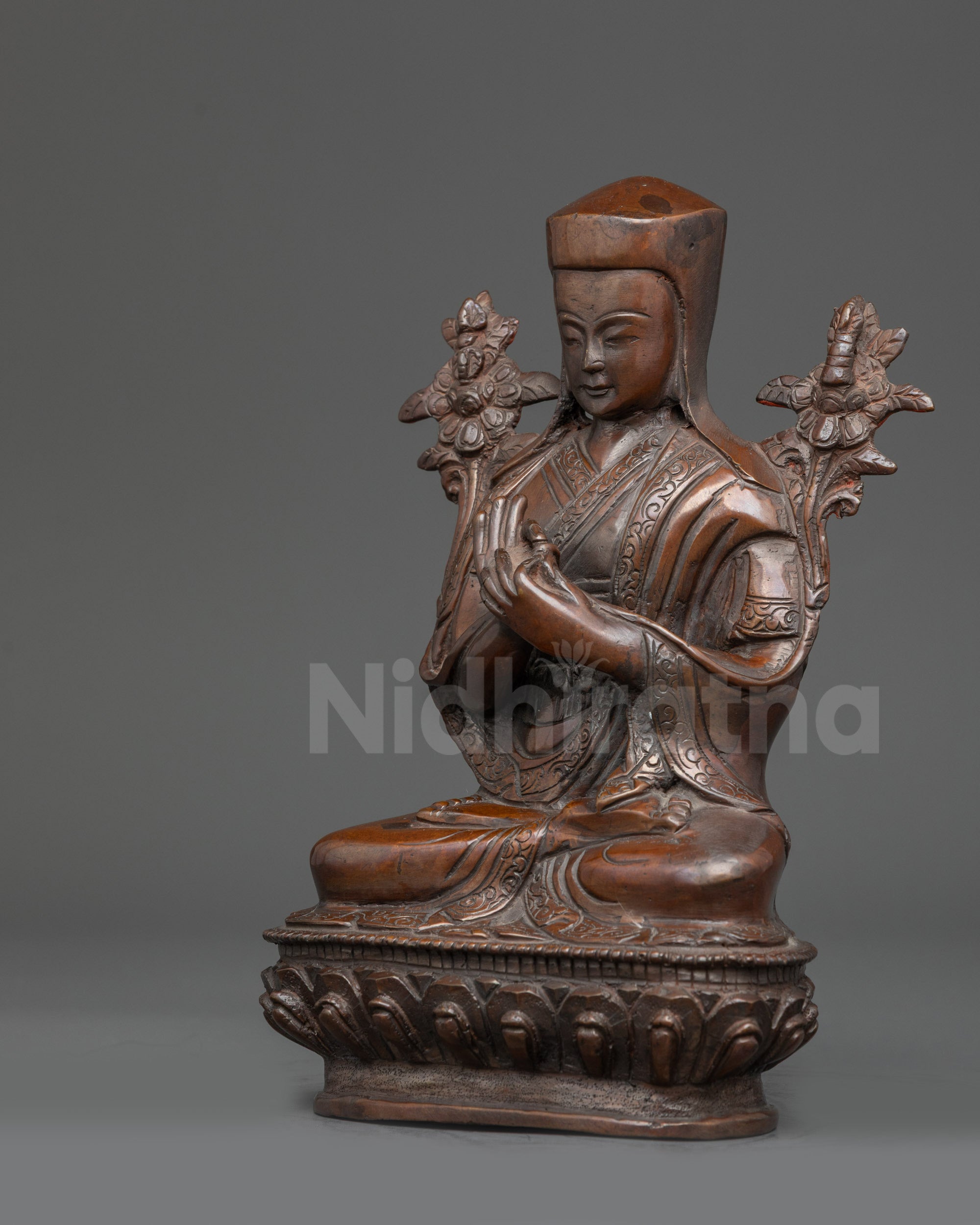 Right view side Je Tsongkhapa Statue Abhaya Mudra lotus seat and sacred vase visible