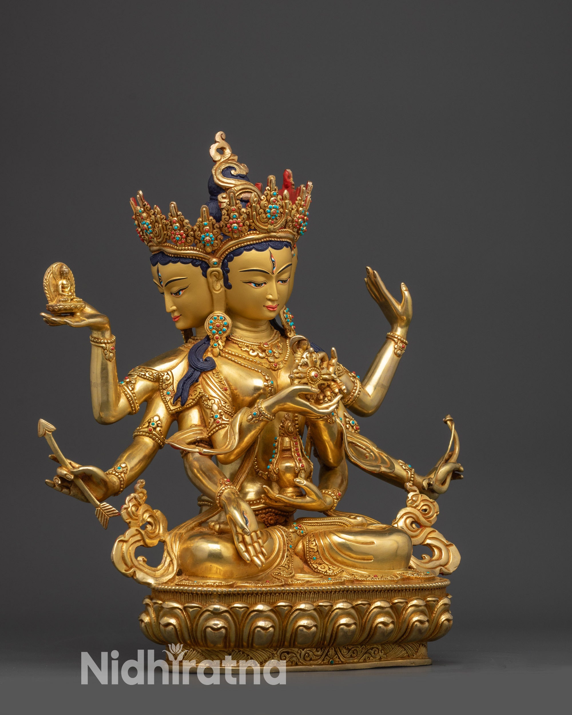 Right view side Namgyalma seated on lotus with gold fire-gilded body and detailed carvings