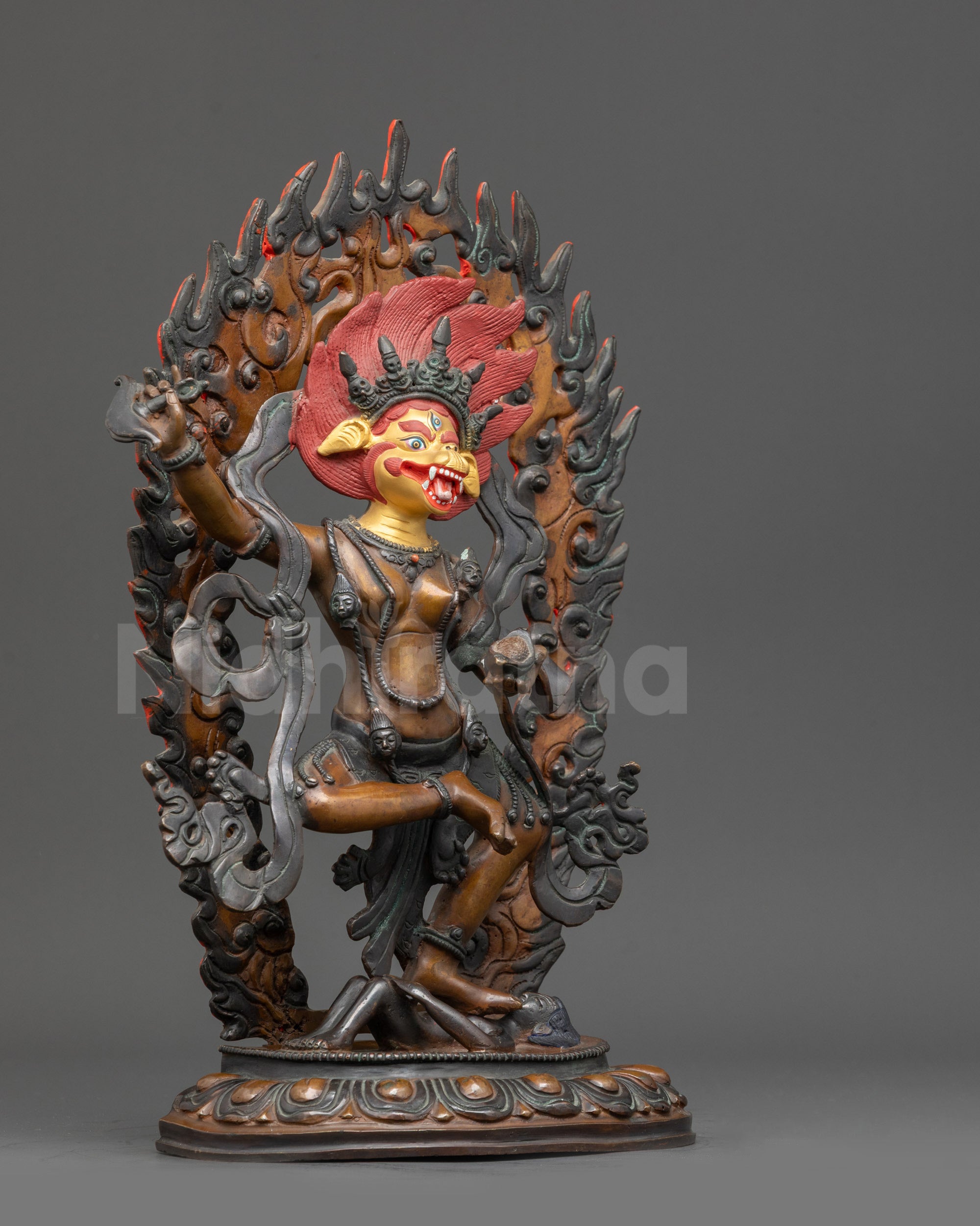 Right view side Oxidized Simha Mukha Statue with kartaika knife and skull cup