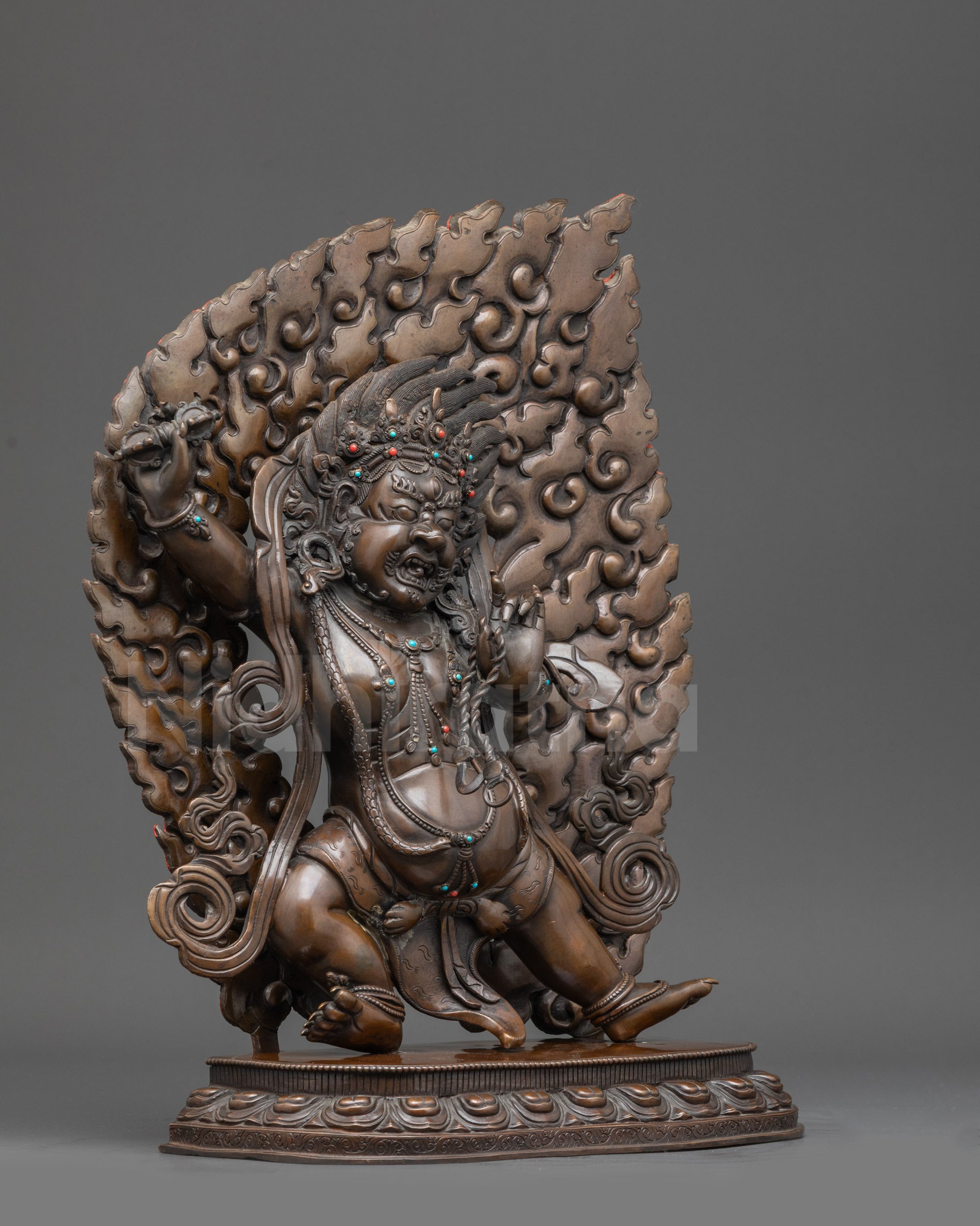 Right view side Oxidized Vajrapani Statue with vajra and lasso in warrior stance