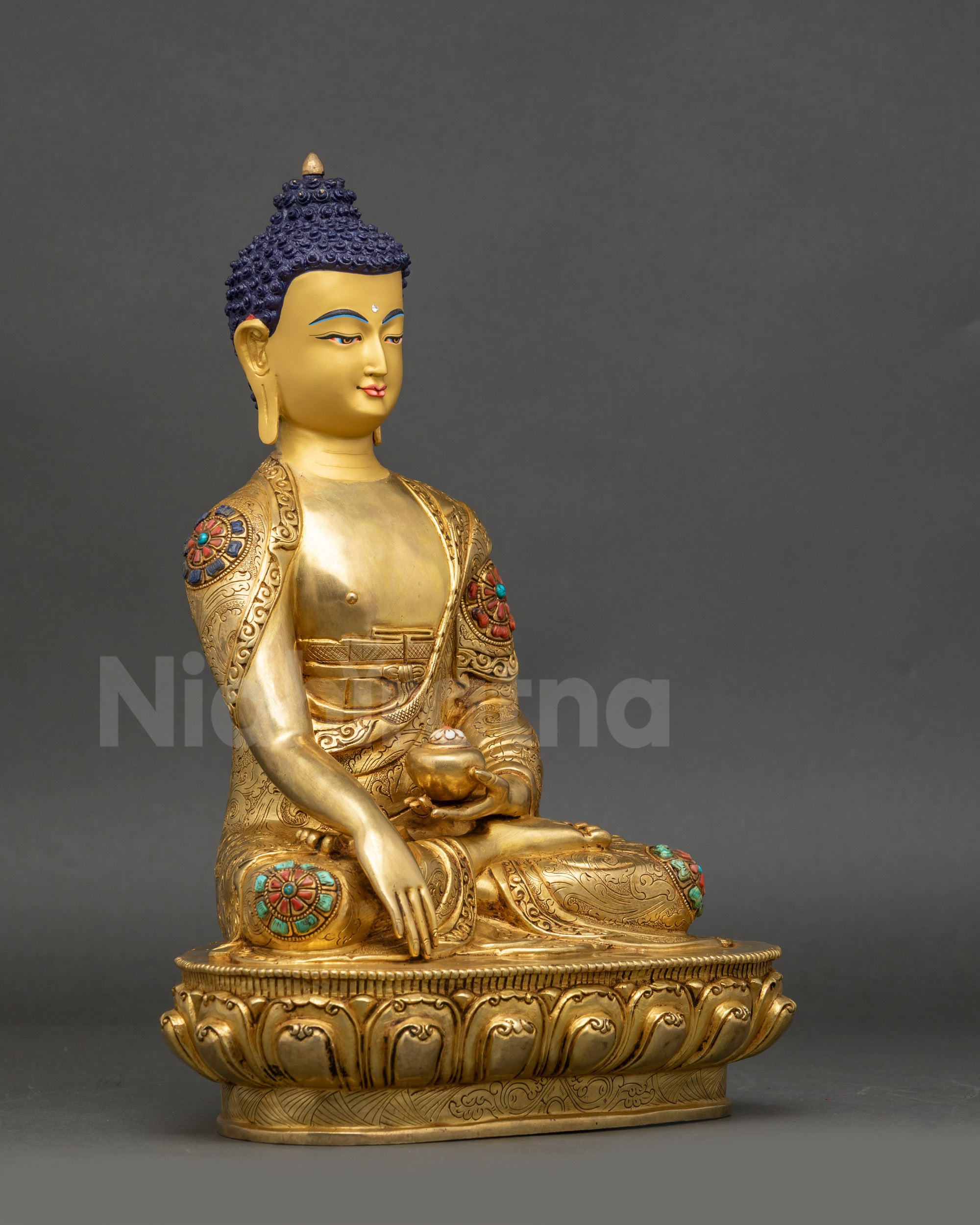Right view side Shakyamuni Buddha Statue copper sculpture with intricate lotus pedestal