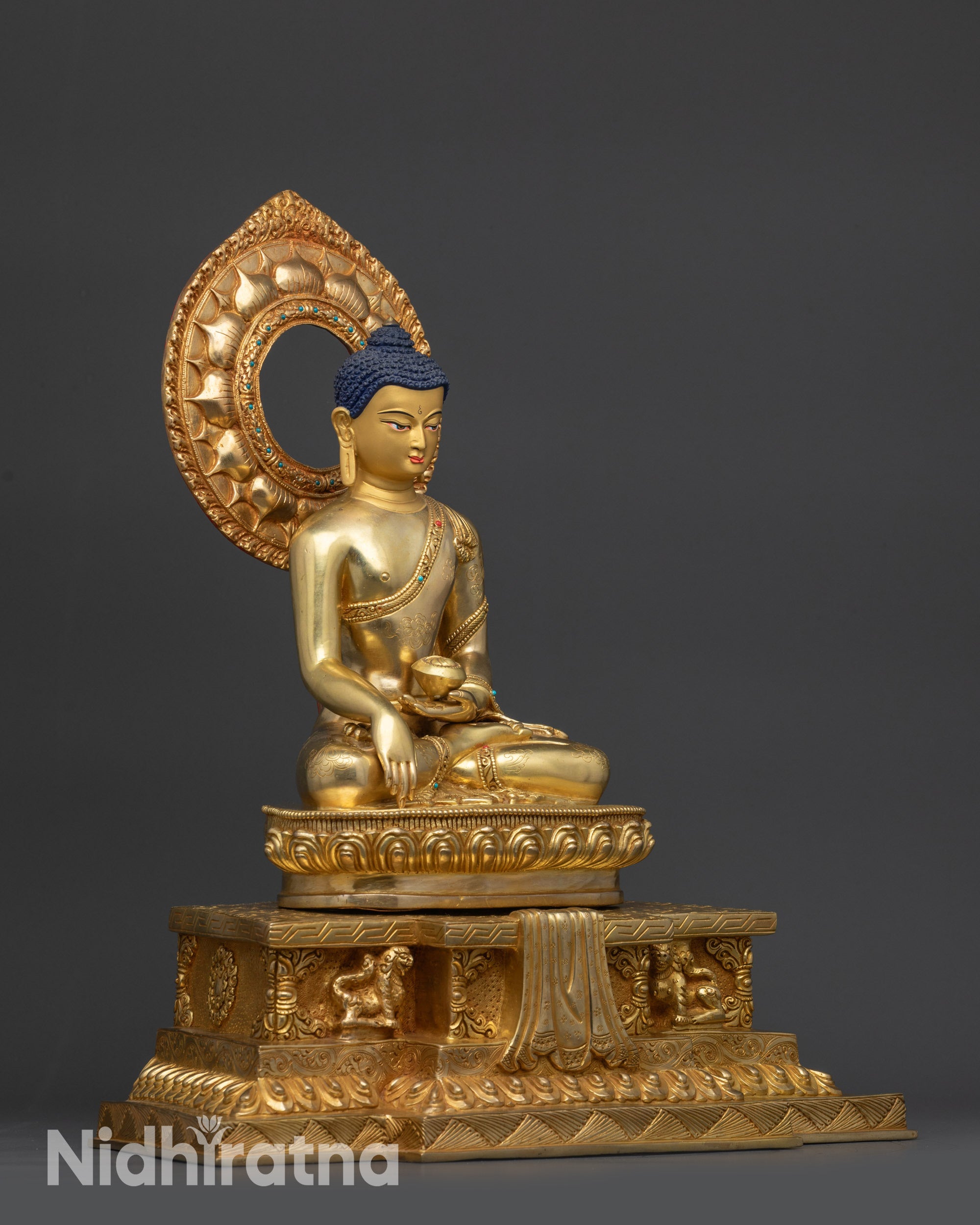Right view side Shakyamuni Buddha sculpture copper alloy Tibetan throne carvings