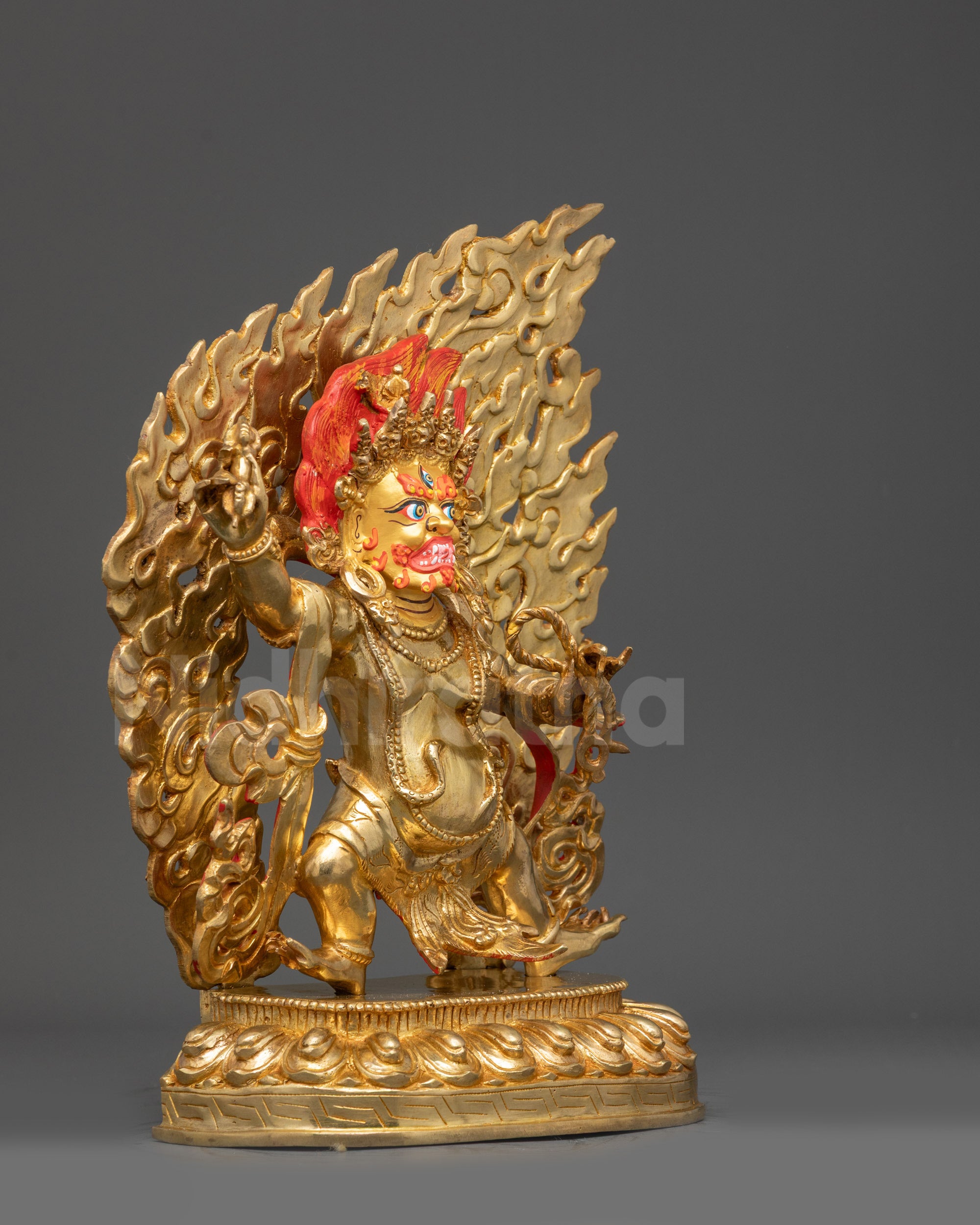 Right view side Vajrapani Statue holding vajra dynamic dancing posture lotus base