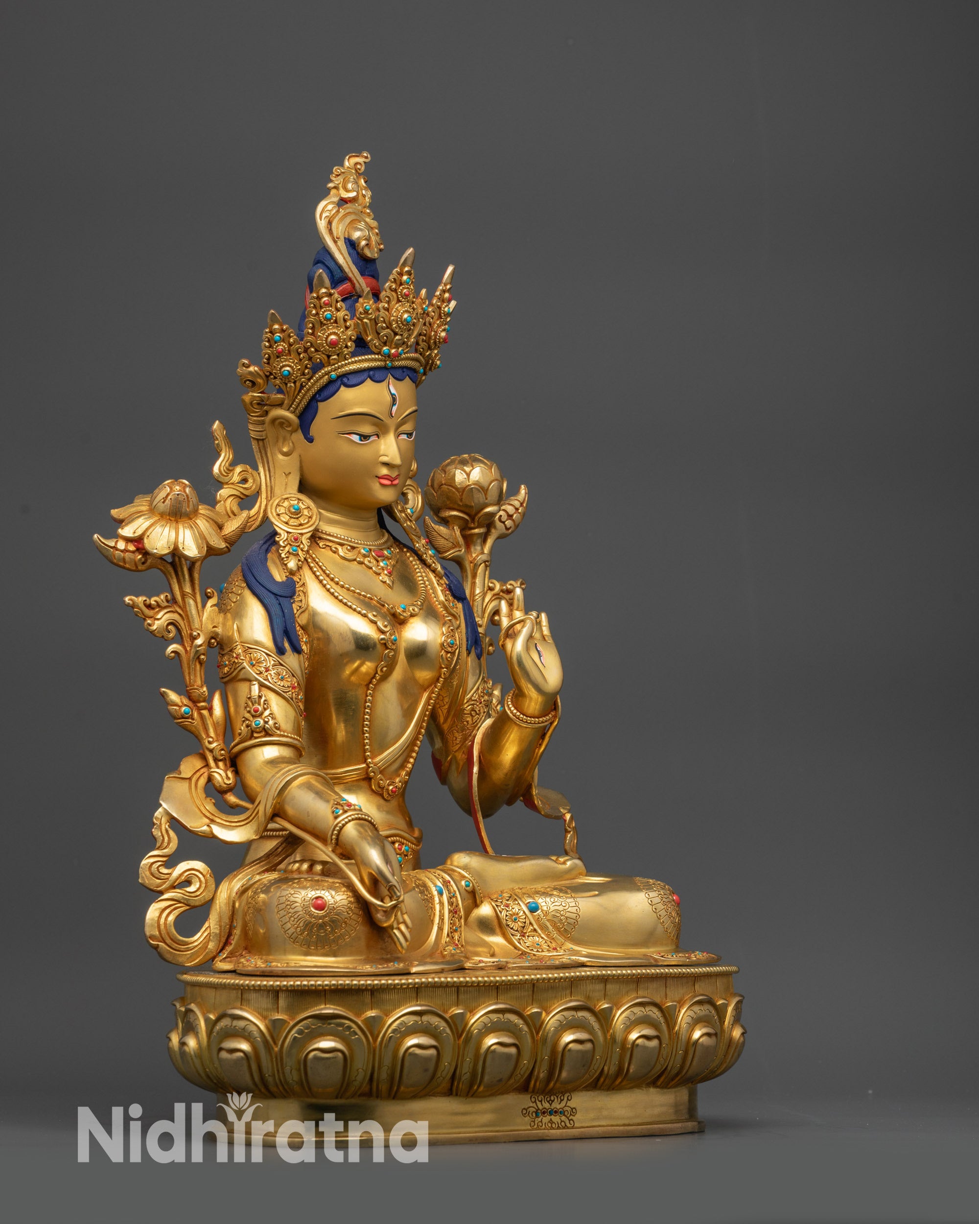 Right view side White Tara Statue showing Varada mudra and lotus throne