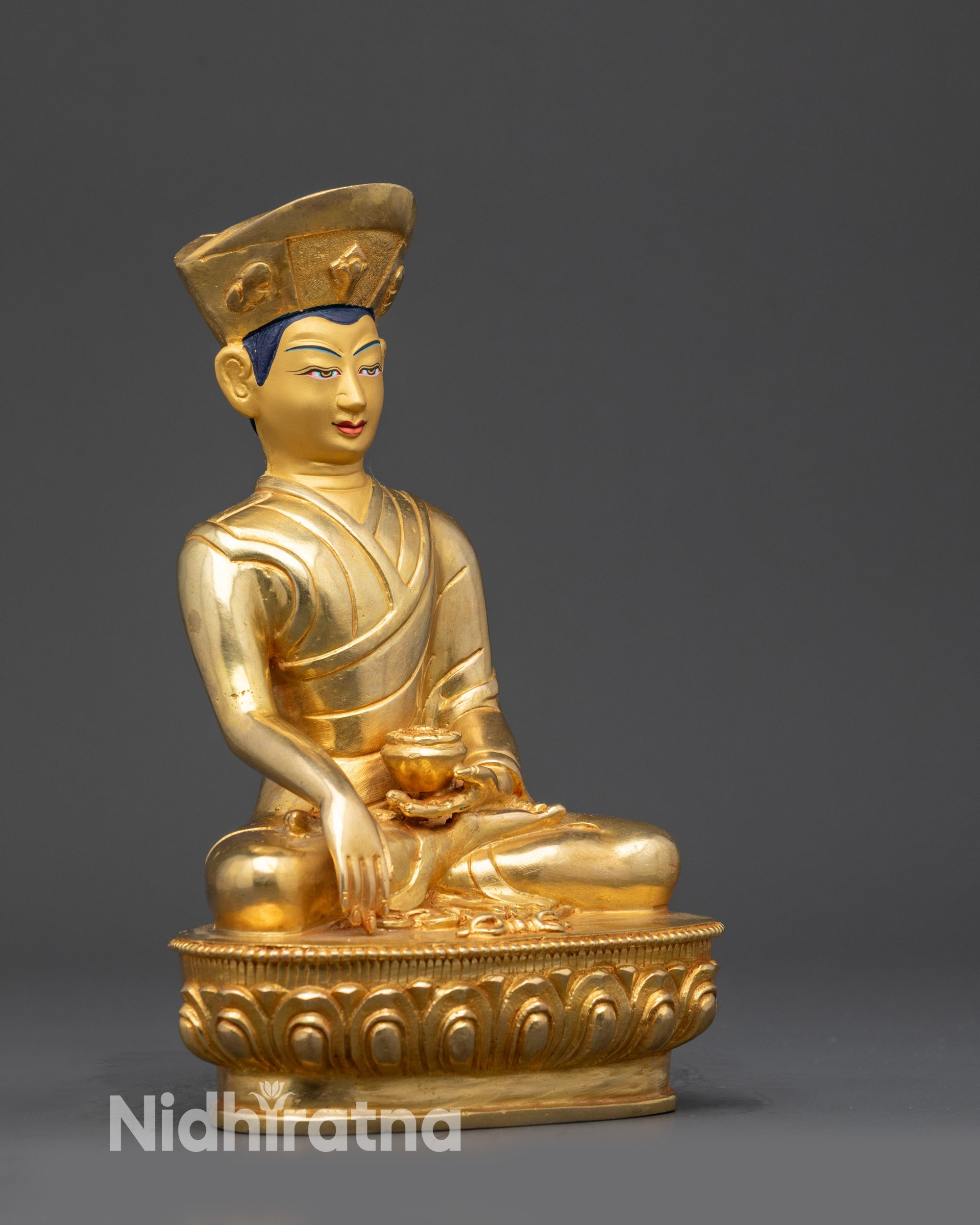 Right view side of Eighth Karmapa Jigten Sumgon statue with Black Crown and lotus seat