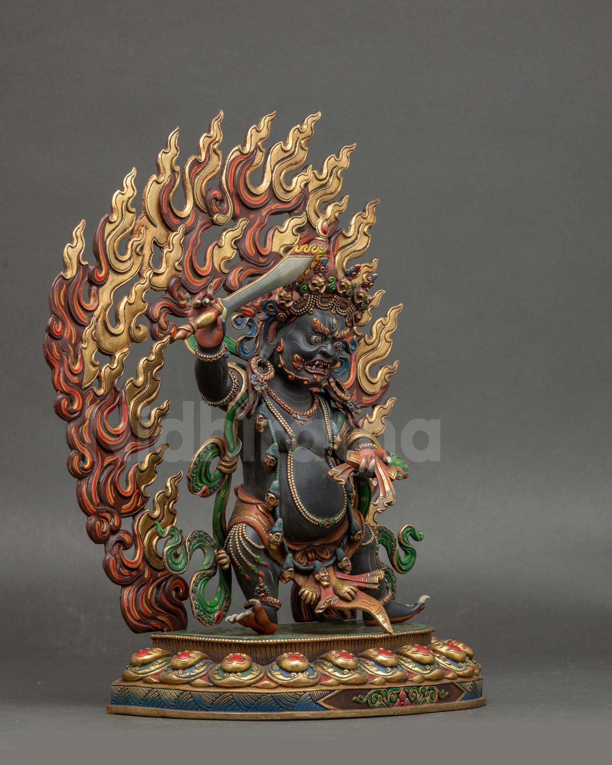 Right view side of Hand-Painted Manjushri statue standing on multi-colored lotus seat