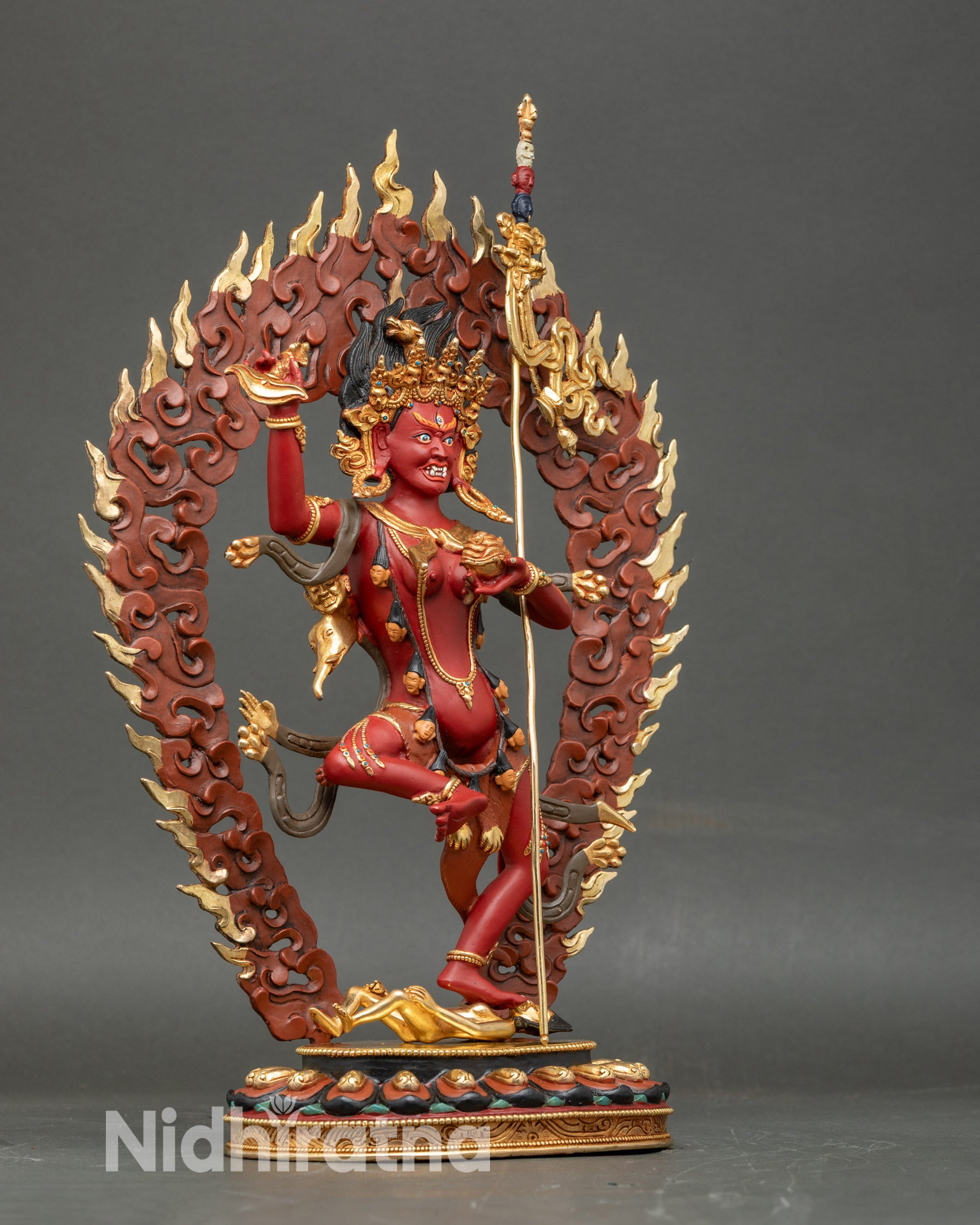 Right view side of Troma Nagmo statue, copper Buddhist protector in traditional style