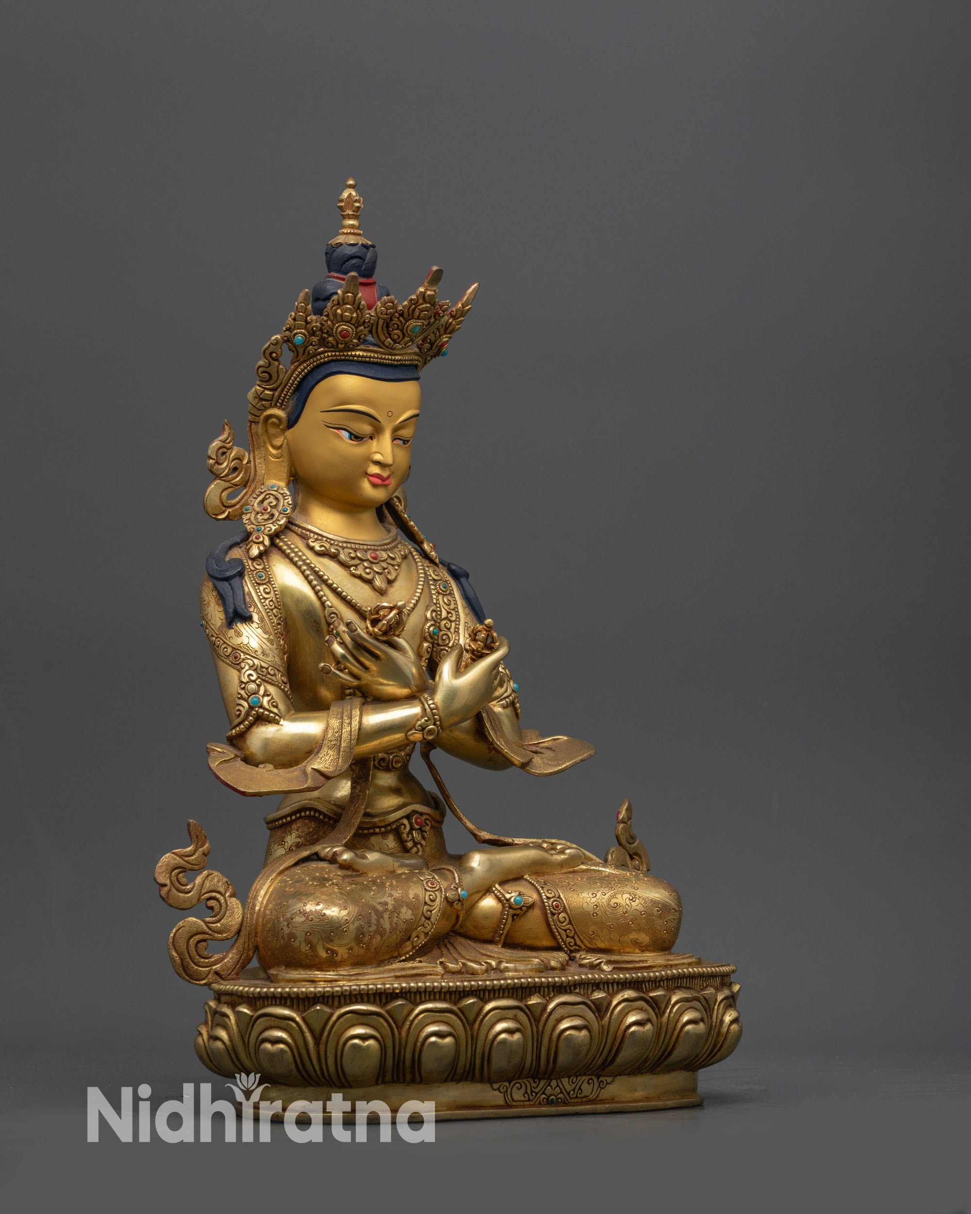 Right view side of Vajradhara Buddha Statue seated on carved lotus base