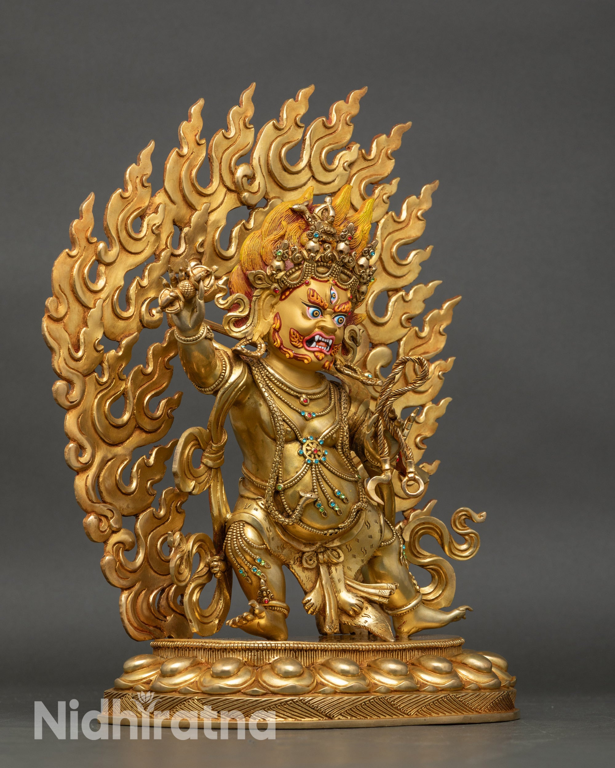 Right view side of Vajrapani sculpture, handcrafted Nepalese Buddhist protector