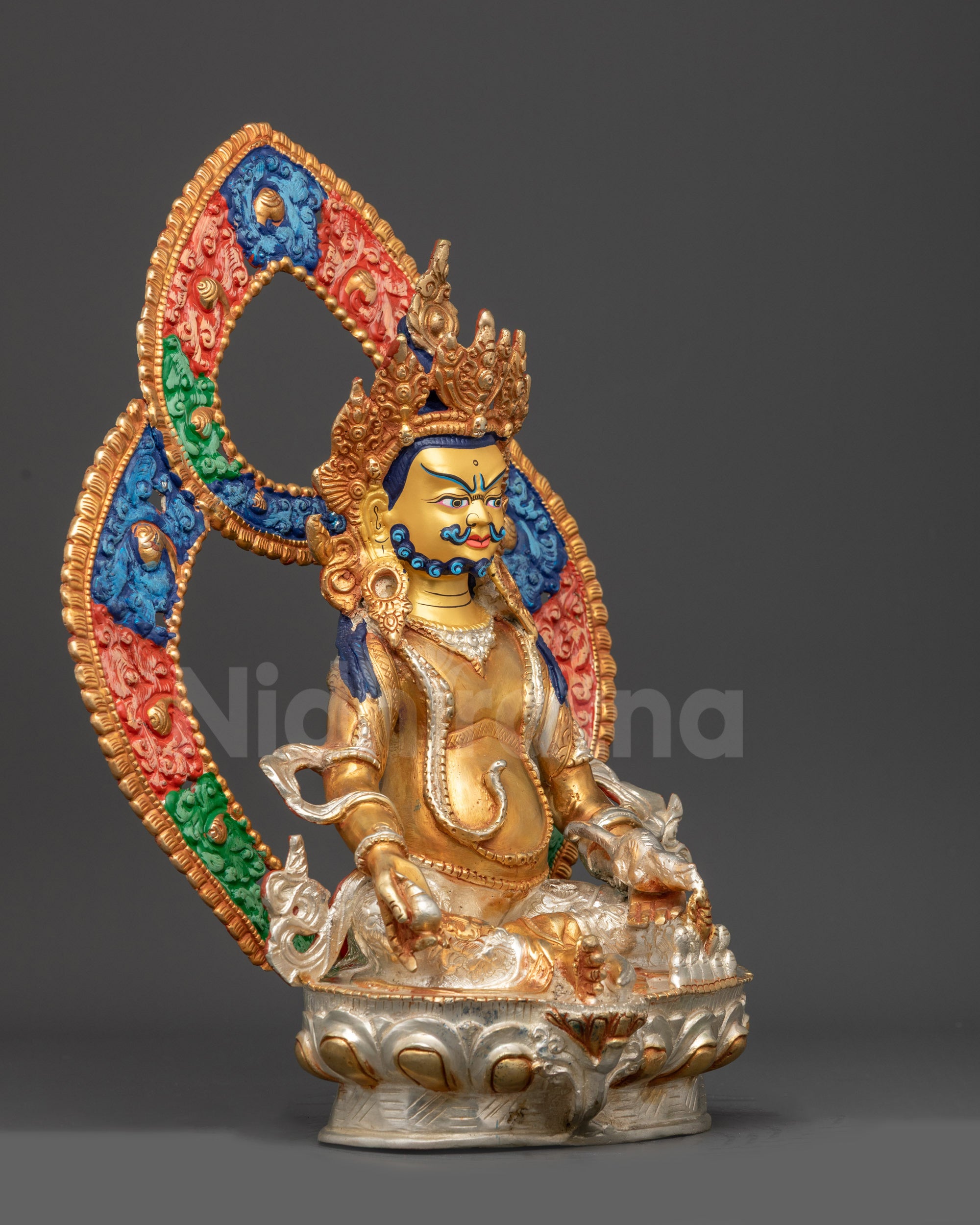 Right view side of Yellow Dzambhala Statue on lotus seat with treasure pot and crown