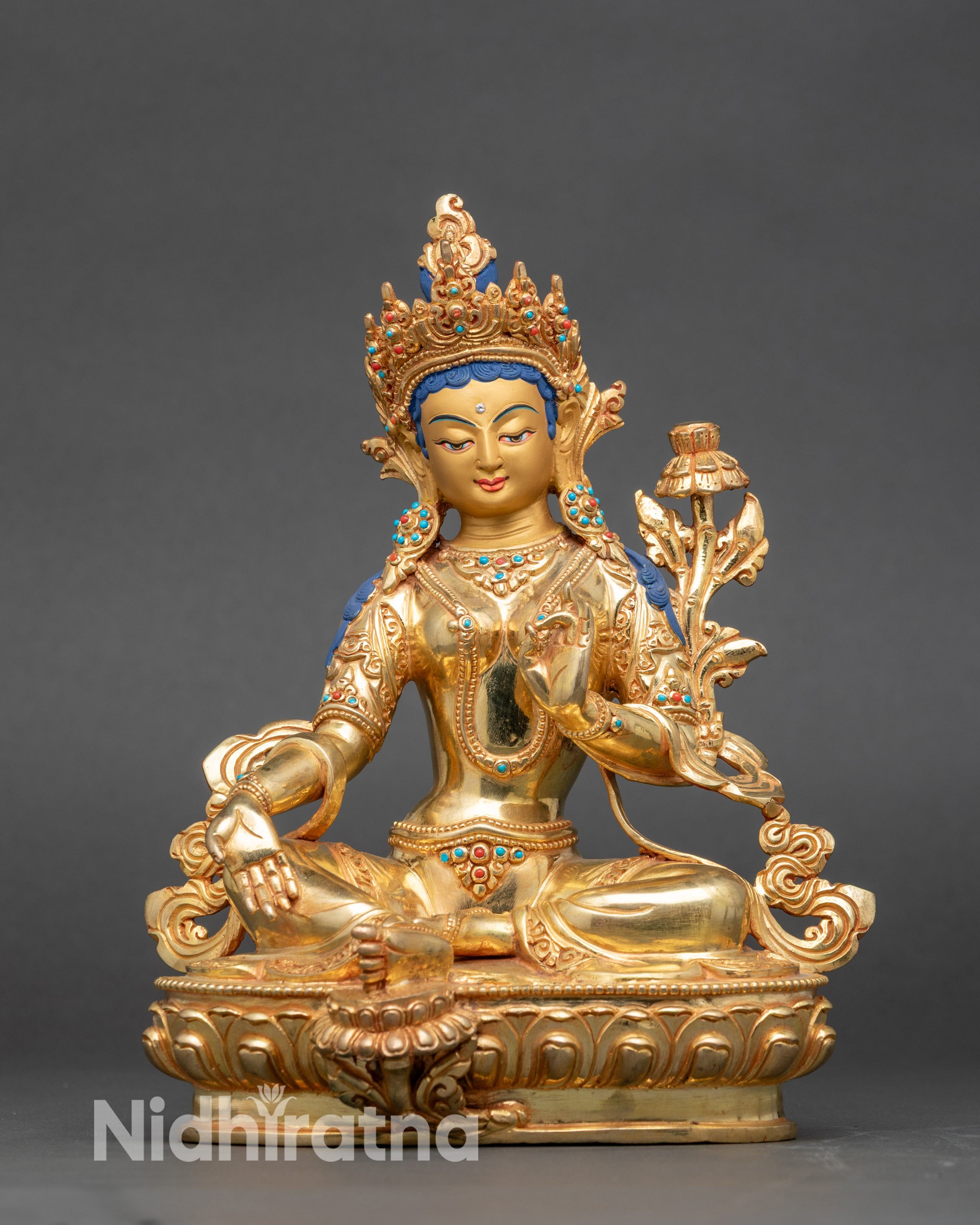 Rigjé Lhamo right view side, copper cast with gold highlights on lotus pedestal