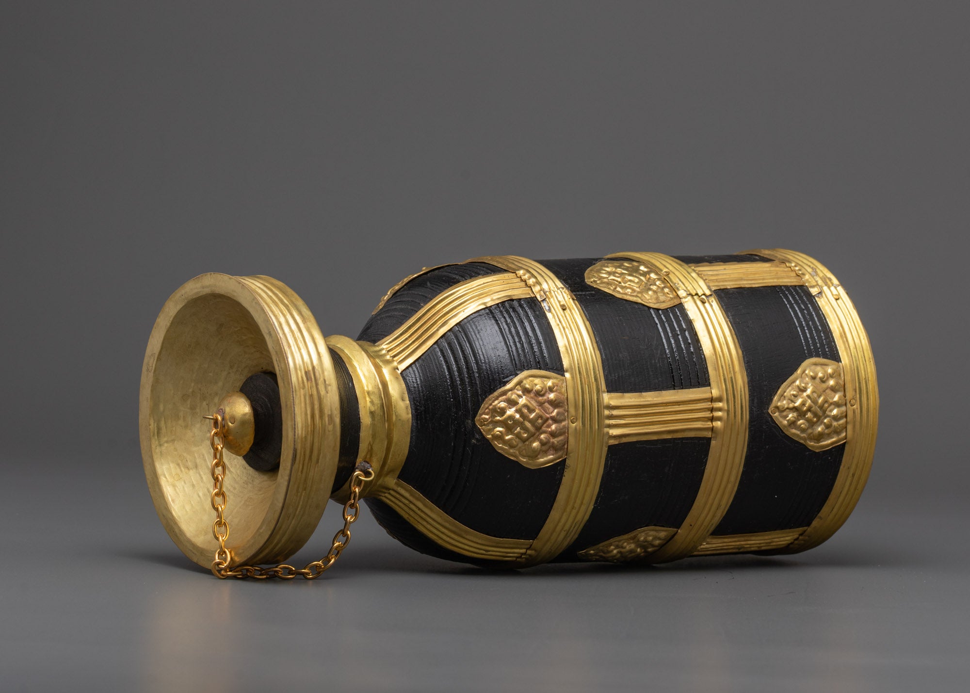 Natural Wood and Gold-Plated Theki | Traditional Nepali Ritual