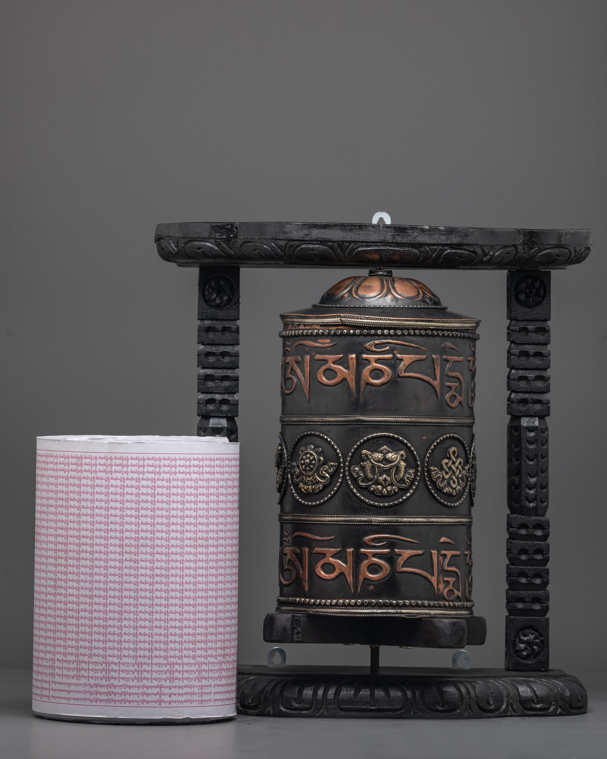 Intricately Carved Ashtamangala Prayer Wheel | Spiritual Spinner
