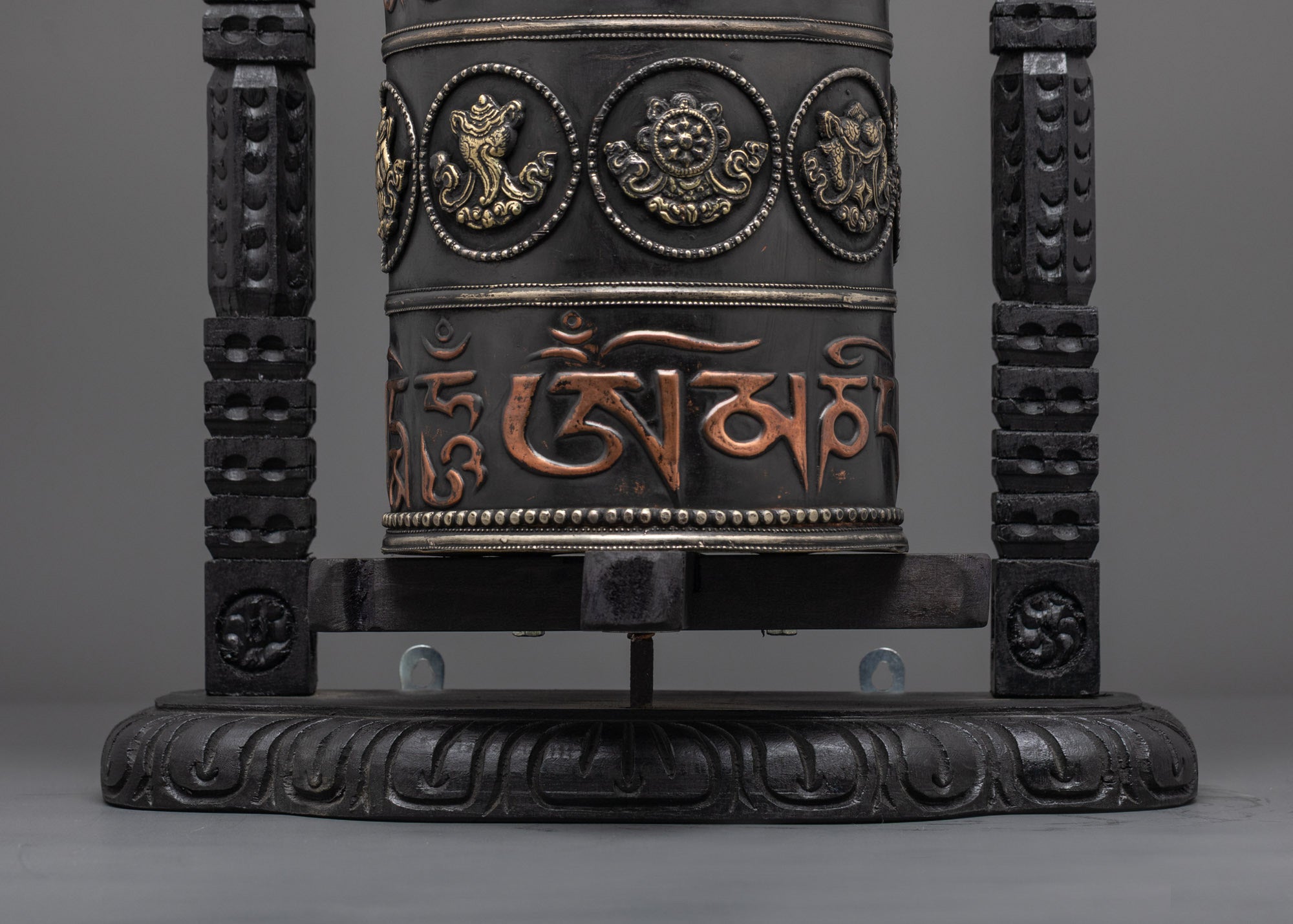 Intricately Carved Ashtamangala Prayer Wheel | Spiritual Spinner