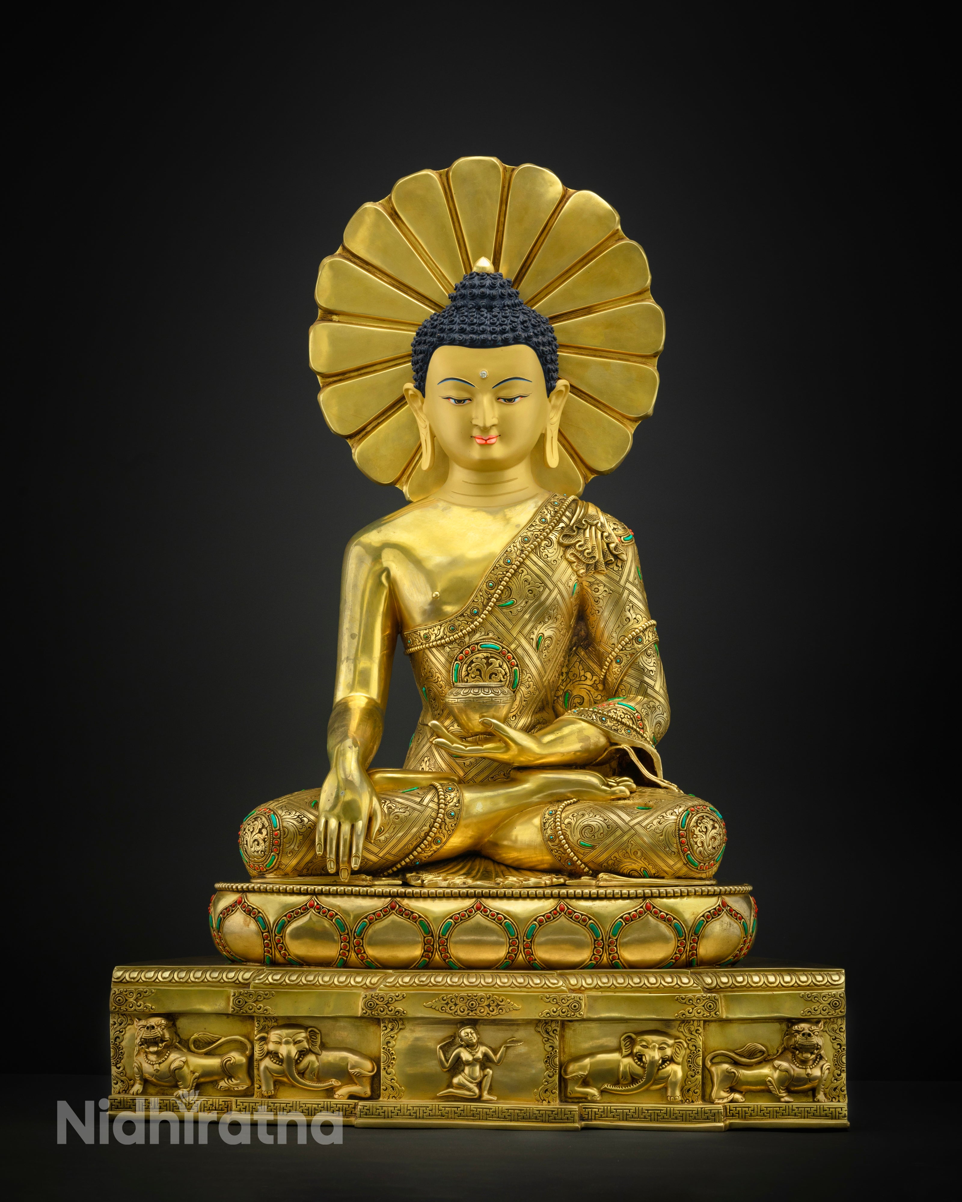 A gold statue of a seated Buddha on a pedestal| Buddha Statue | Shakyamuni Buddha Statue | Buddha Gold Tall Statue |Siddhartha Gautama Buddha Statue | Sakyamuni Buddha Statue