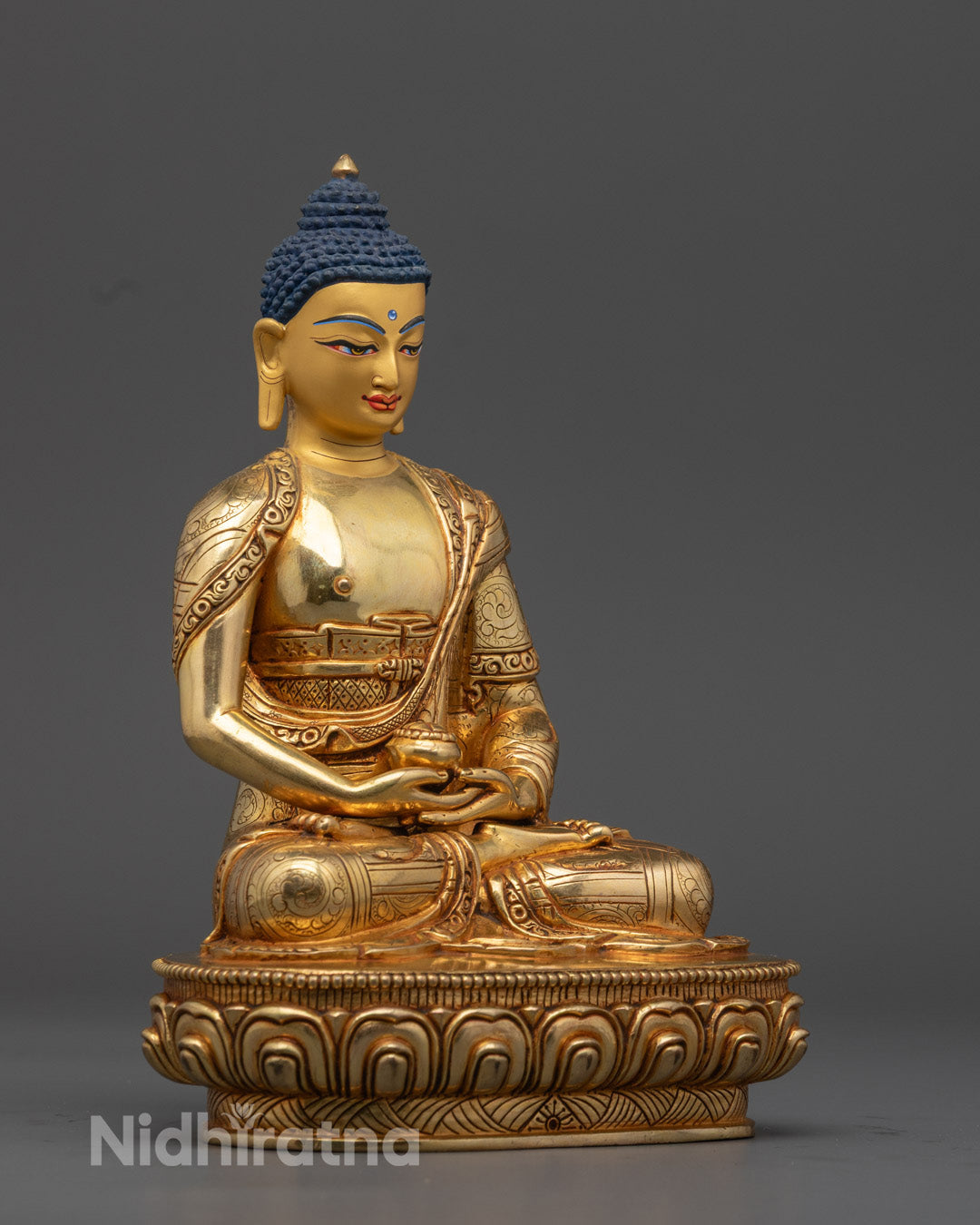 Sacred Amitabha Buddha Statue | Tibetan Hand-Carved Centerpiece with Gold Detail