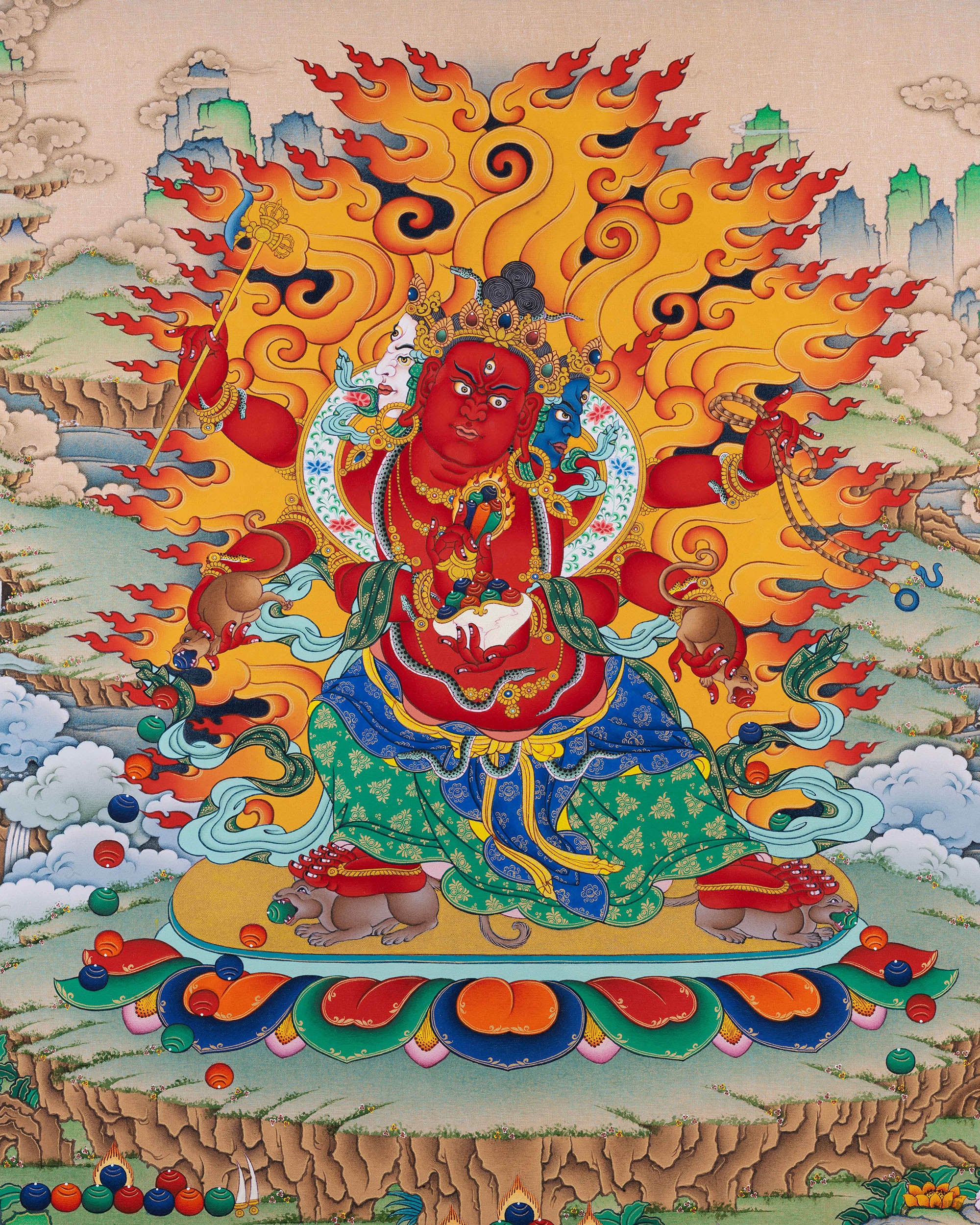 Sacred Red Jambhala standing on a lotus throne above two lions, radiating wealth