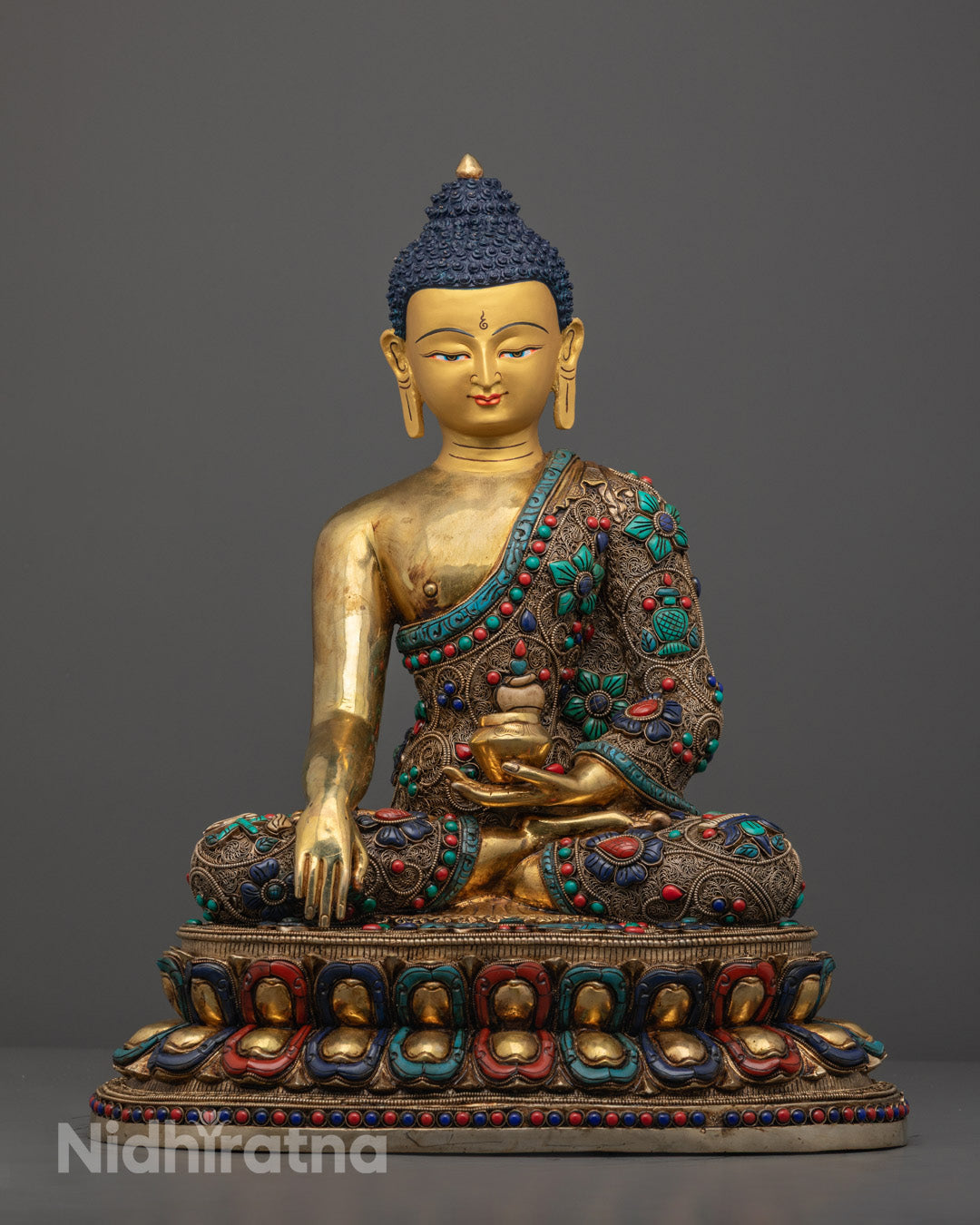 Sacred Shakyamuni Buddha Statue with 24k gold fire-gilded body, gold-gilded face, and adorned with turquoise, coral, and lapis lazuli