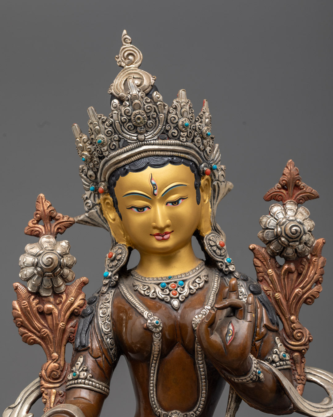 Sacred White Tara Goddess Sculpture – Masterfully crafted using the lost wax method in Nepal, radiating wisdom, compassion, and spiritual protection.
