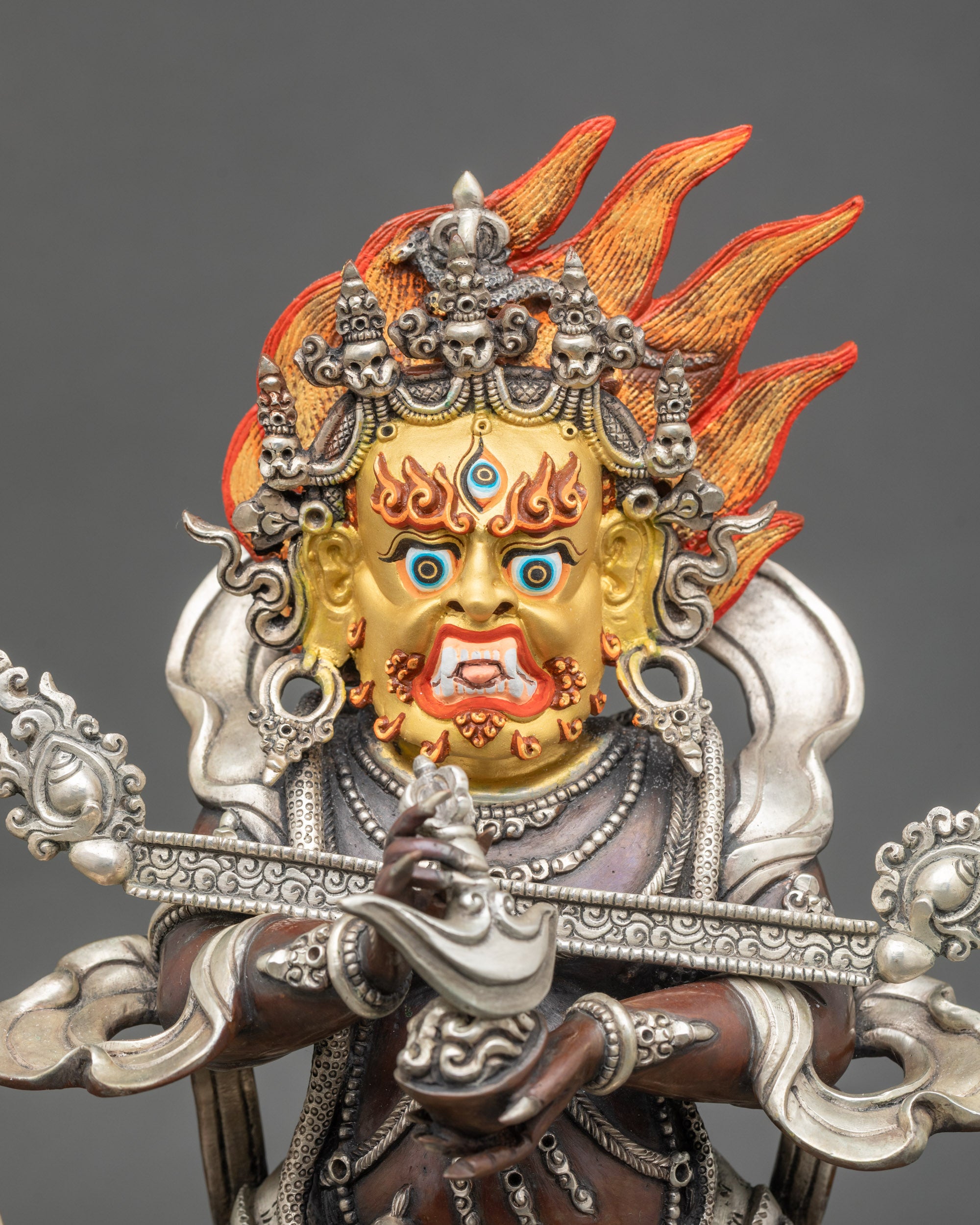 Sakya Mahakala standing copper statue with 24K gold-painted face for altar protection