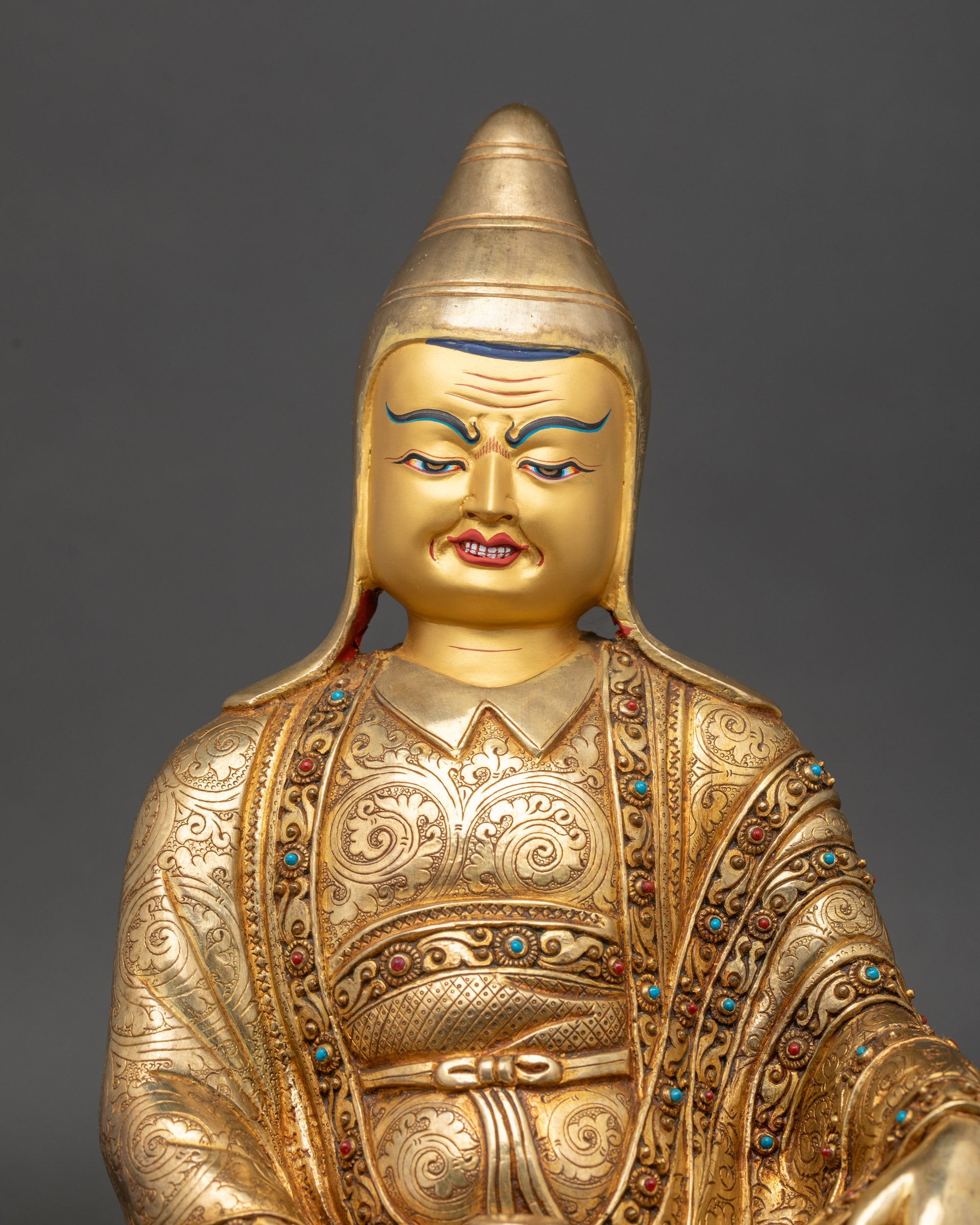 Santaraksita statue close up lost-wax carving and gold fire-gilded details