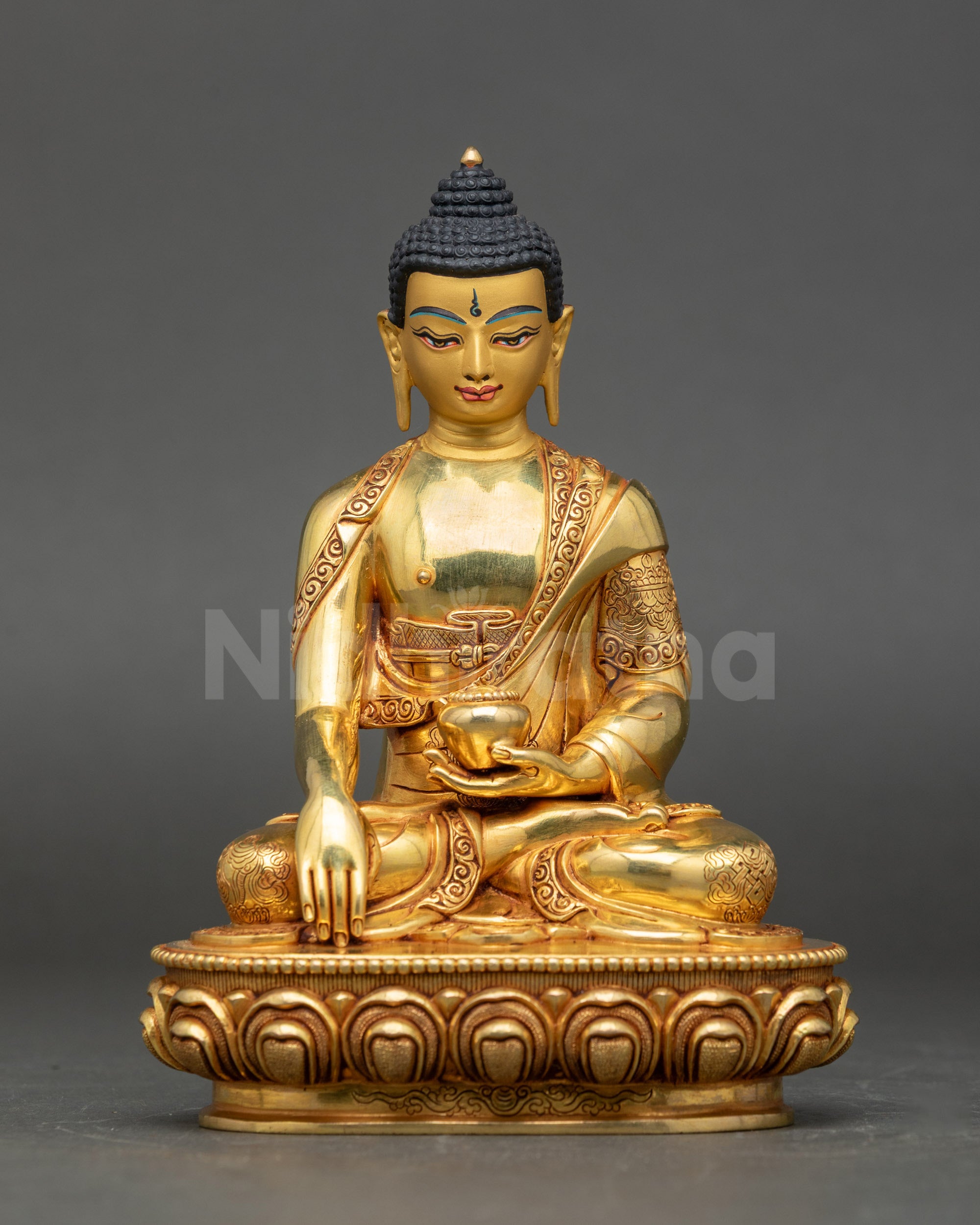 Seated Buddha Statue on lotus with gold-painted face and intricate 3D carvings