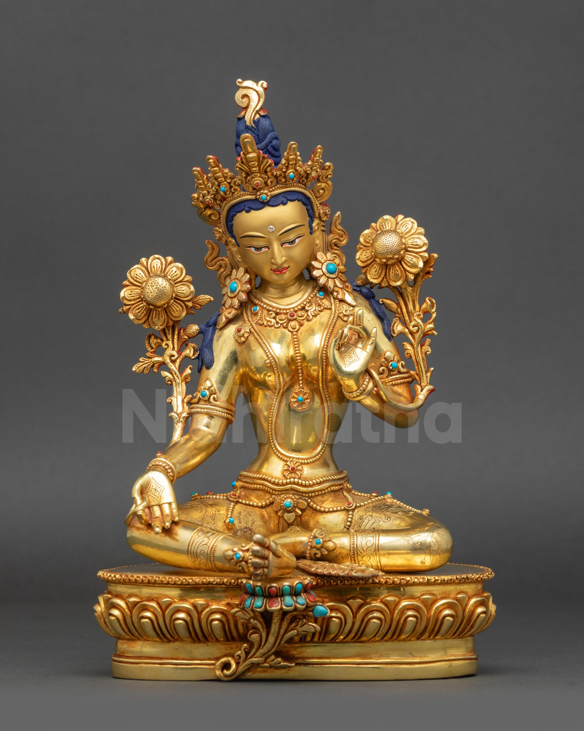 Serene Mother Green Tara Statue front view handcrafted gold-gilded Himalayan Buddhist sculpture