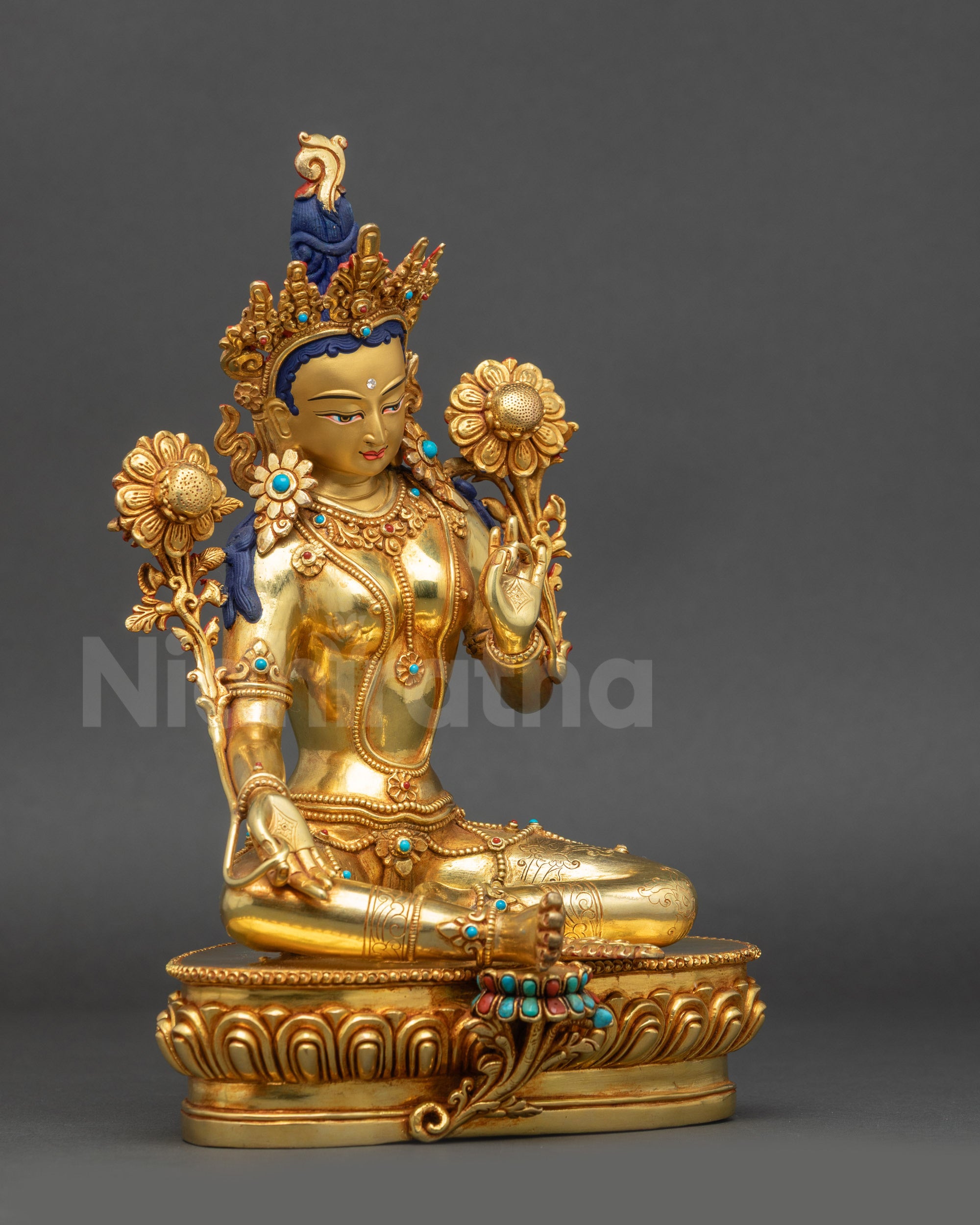 Serene Mother Green Tara Statue left view side showing Vitarka mudra and lotus seat posture