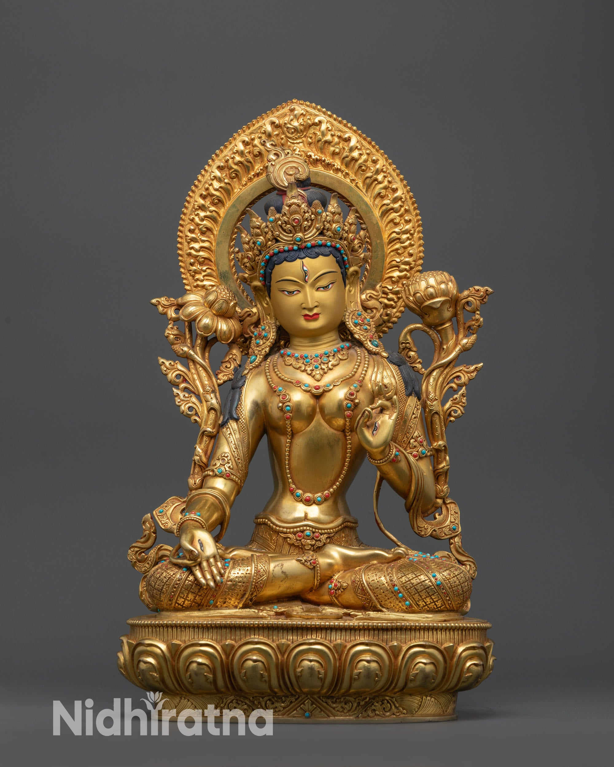 Seven-Eyed White Tara statue front view with lotus seat and gold-gilded face