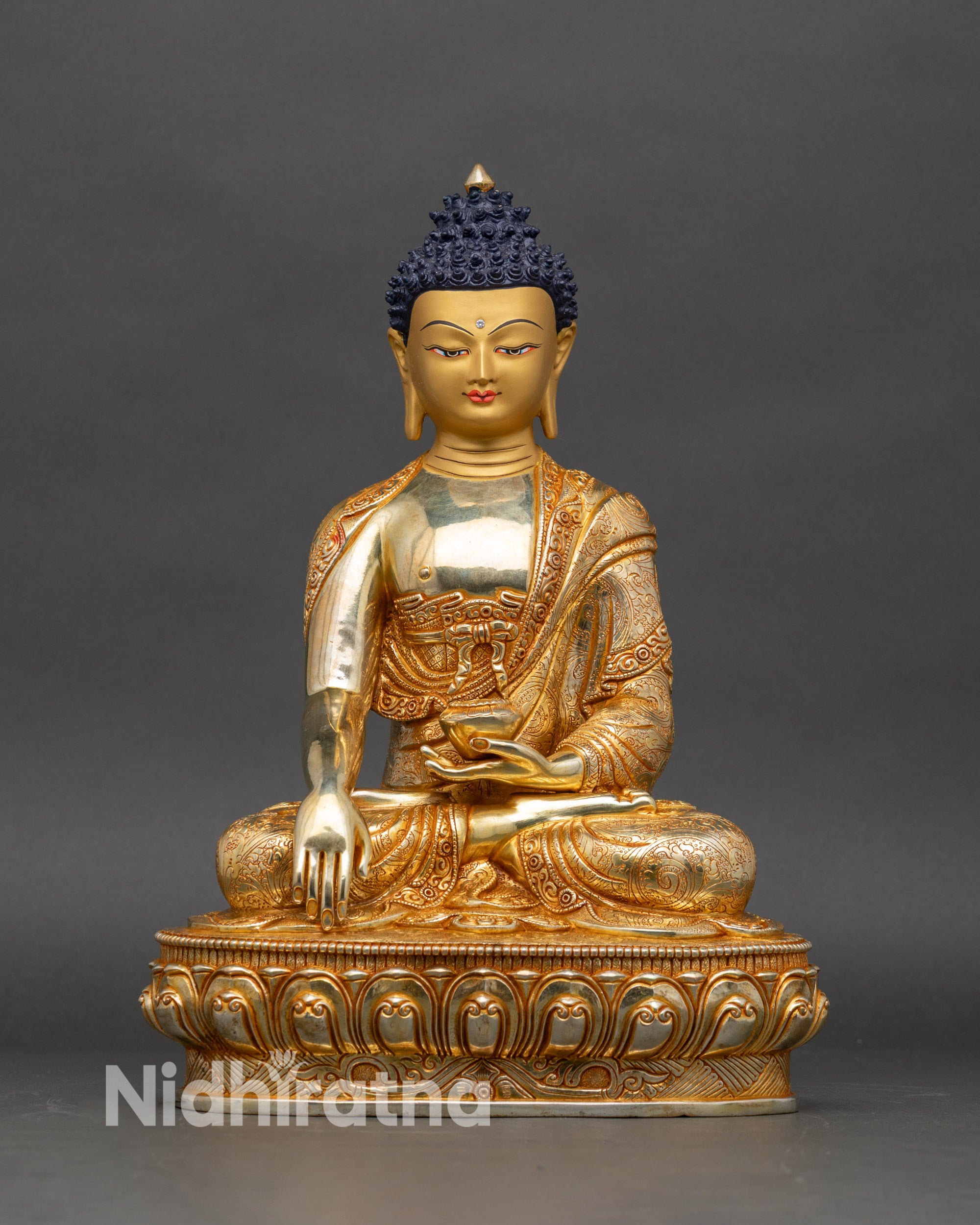 Shakyamuni Buddha statue on lotus seat, handcrafted copper with 24K gold fire-gilded face