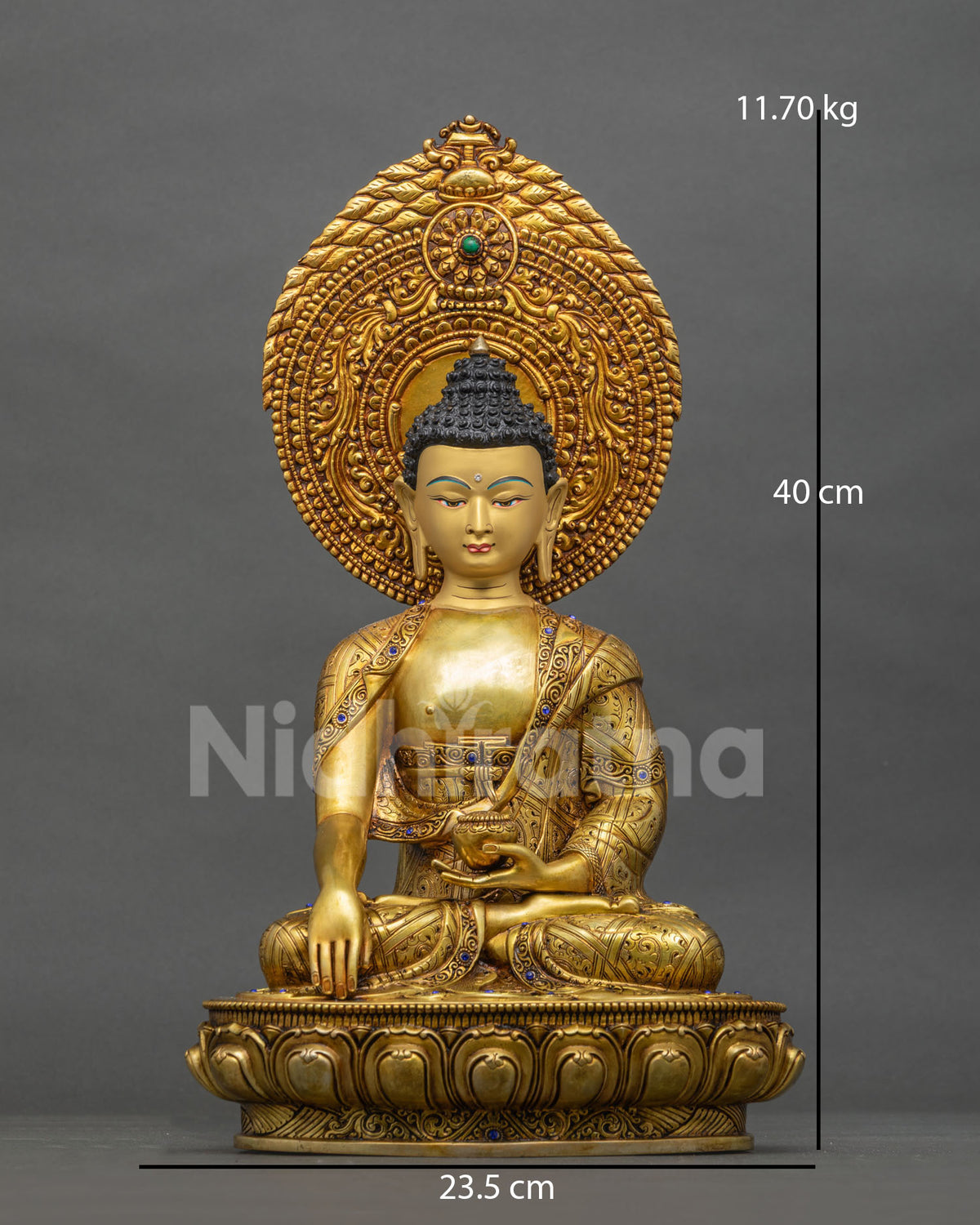 Shakyamuni Buddha statue front view, gold fire-gilded copper Gautama Buddha sculpture from Nepal