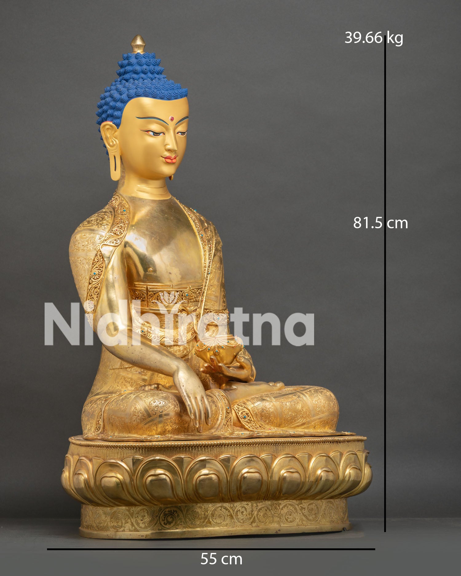 Shakyamuni Buddha statue side view with size chart, 81.5cm tall, 39.66kg