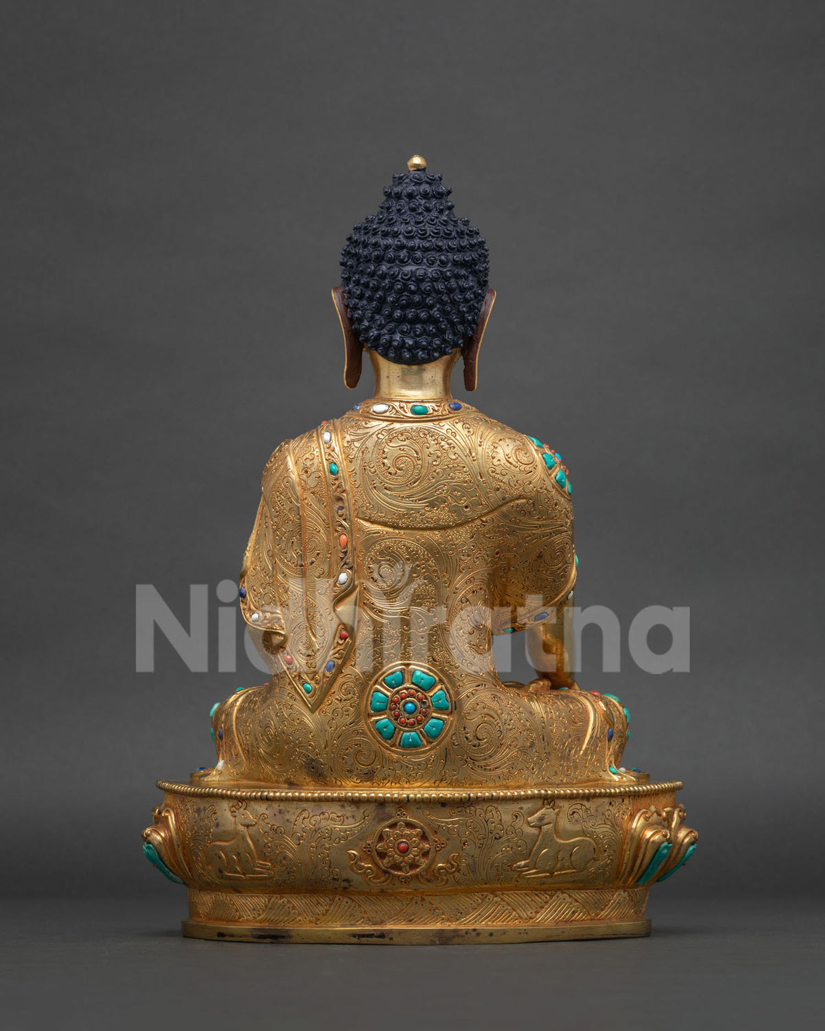 Back view of Shakyamuni Buddha statue, 24K gold fire-gilded copper sculpture