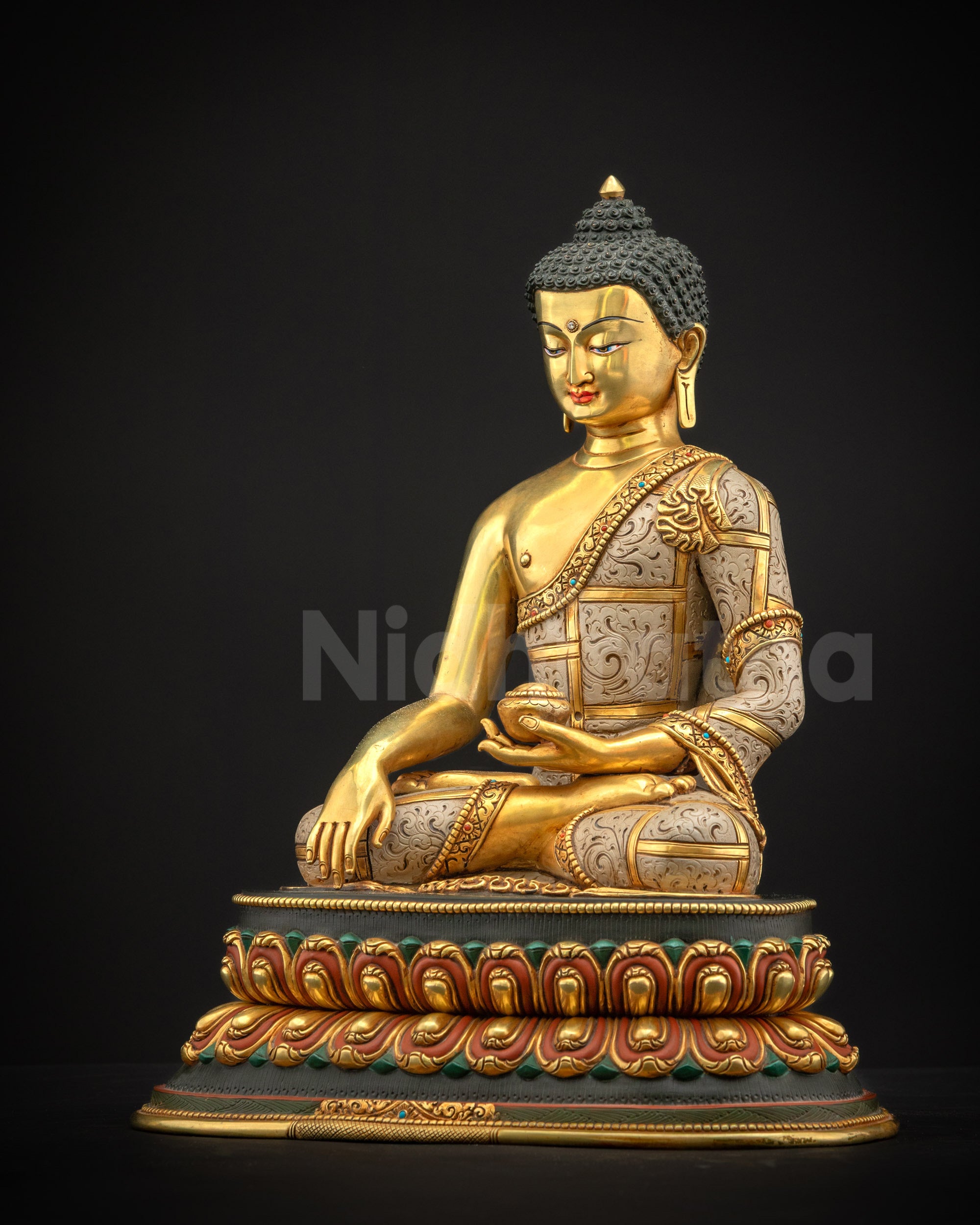 Left side view of Shakyamuni Buddha showing detailed robes and lotus posture, gold gilded copper, handcrafted in Nepal for meditation spaces.