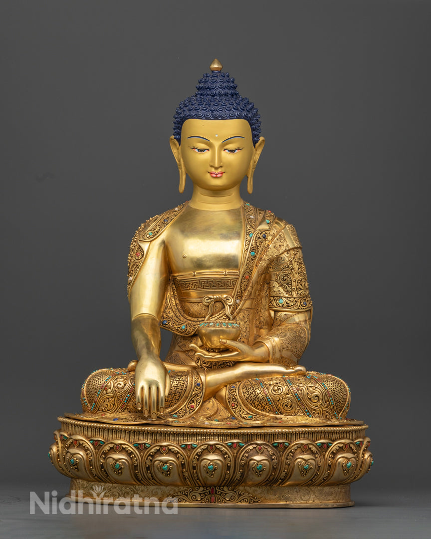24k gold glided Shakyamuni Buddha Statue | Adorned with Semi-Precious Stones on Shakyamuni Buddha Statue | Lotus Seated Shakyamuni Buddha statue