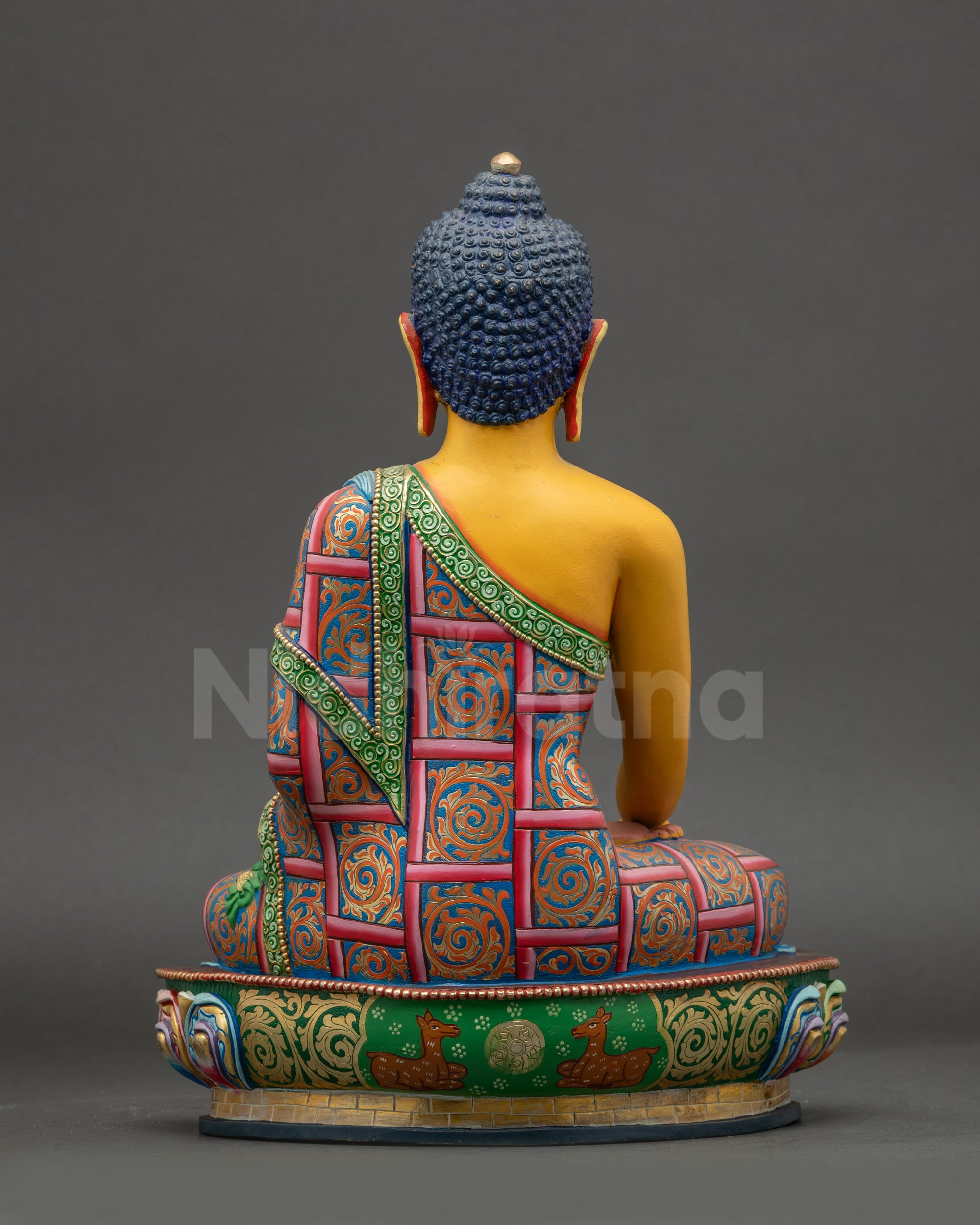 Shakyamuni Buddha Statue back view showing hand-painted robe and lotus base