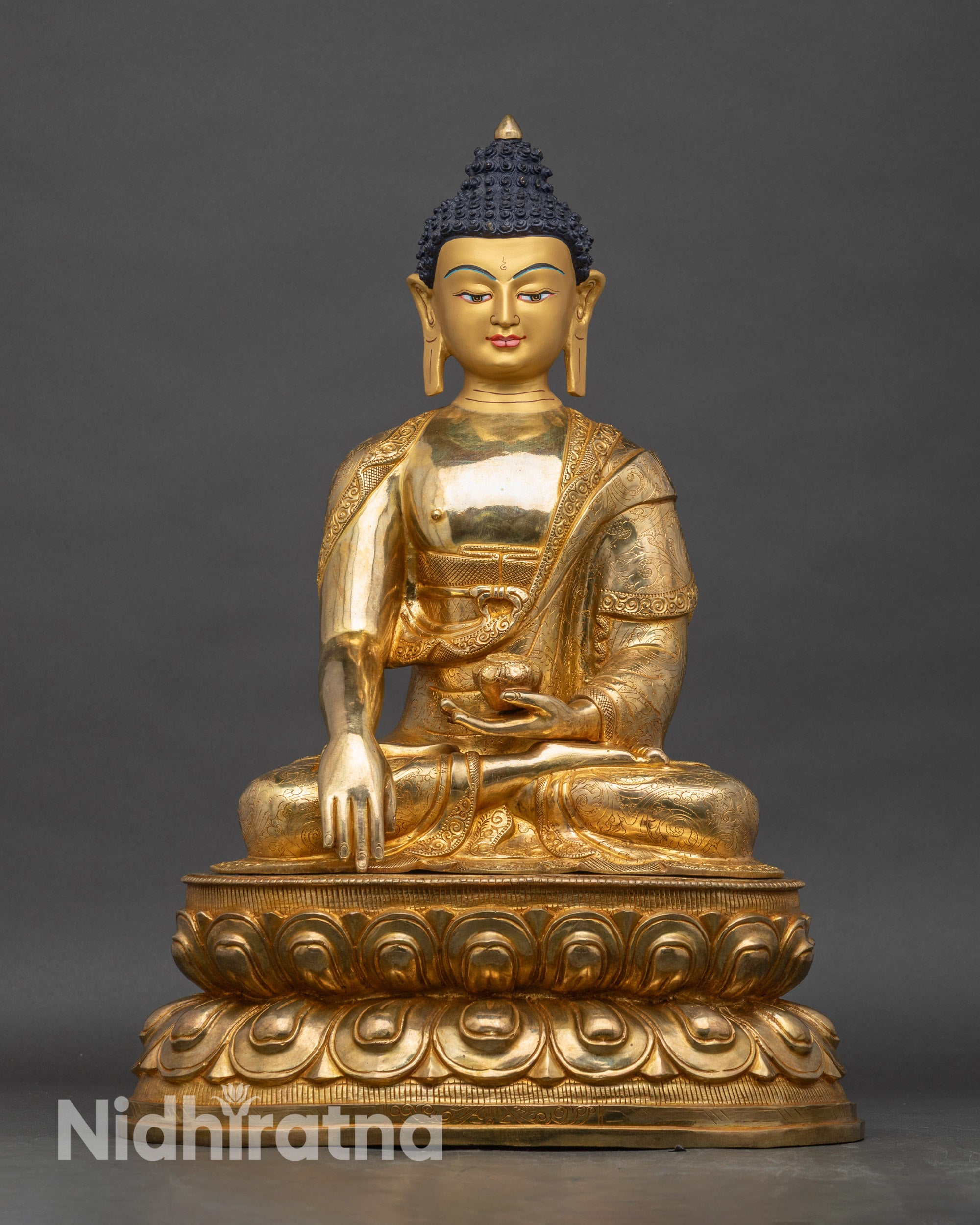 Shakyamuni Buddha Statue front view, copper with gold fire-gilding and lotus seat