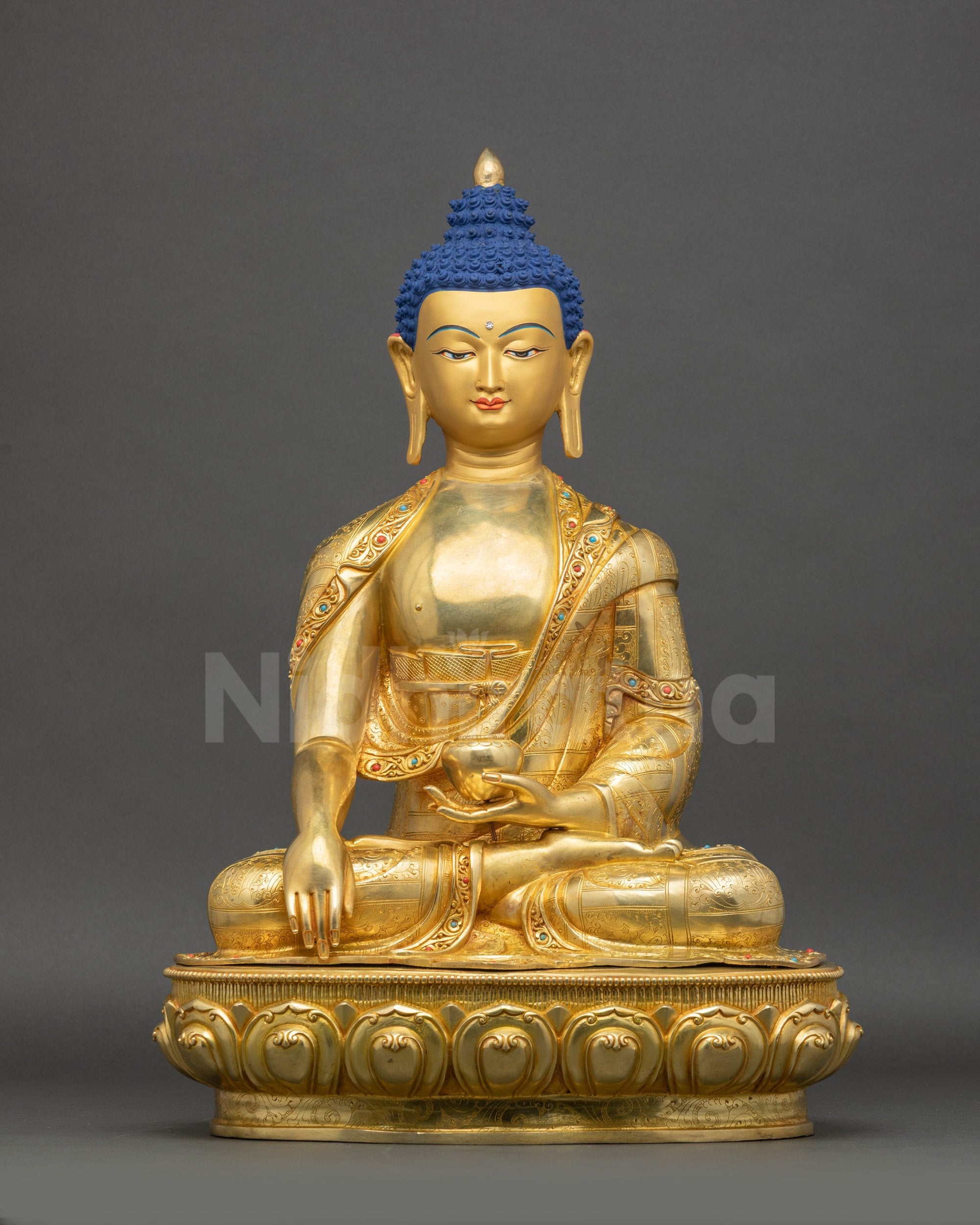Shakyamuni Buddha Statue front view gold-gilded copper Himalayan art