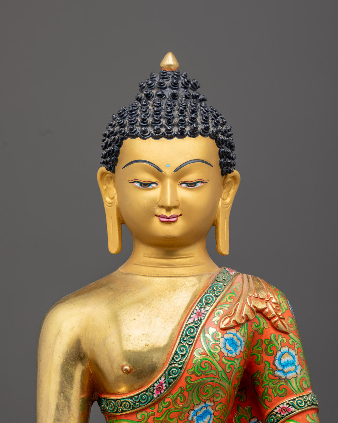 Shakyamuni Buddha Statue, hand-carved in Nepal using lost wax method with gold gilded finish, representing spiritual serenity