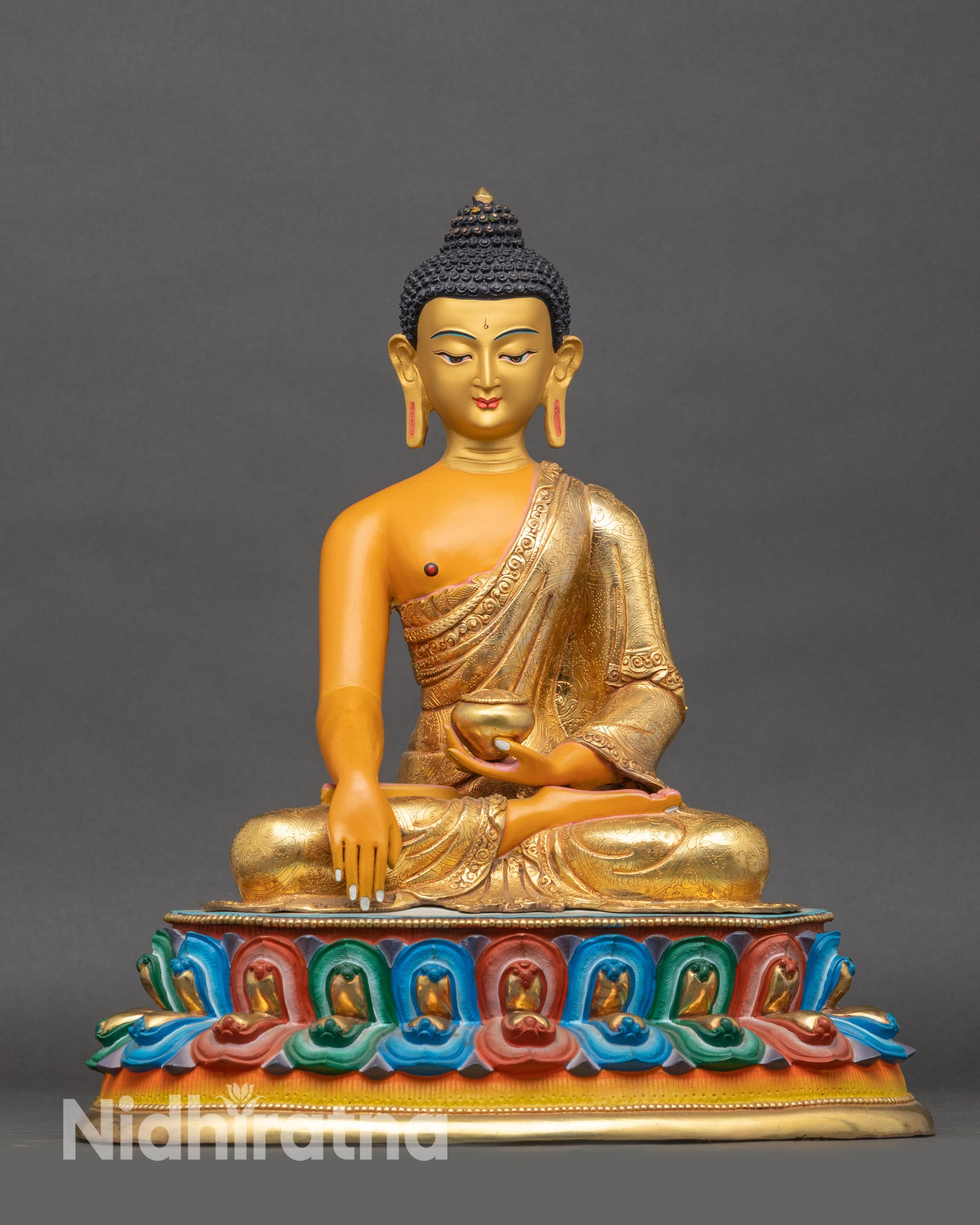 Shakyamuni Buddha Statue handcrafted by Newari artisan, gold fire-gilded copper with 24k gold face on double lotus throne