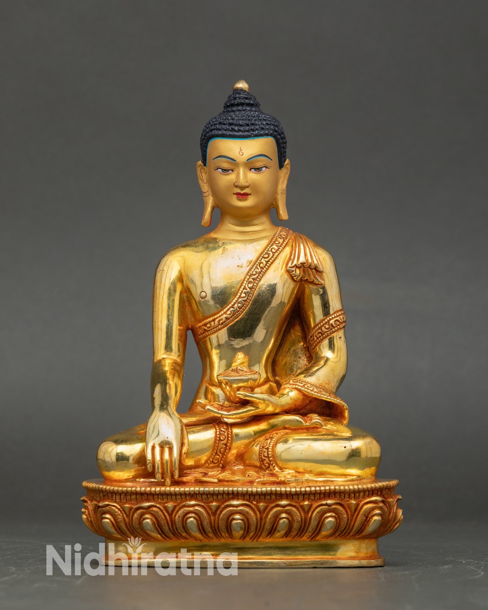 Shakyamuni Buddha Statue handcrafted in Patan Nepal, 24K gold-gilded copper on lotus seat