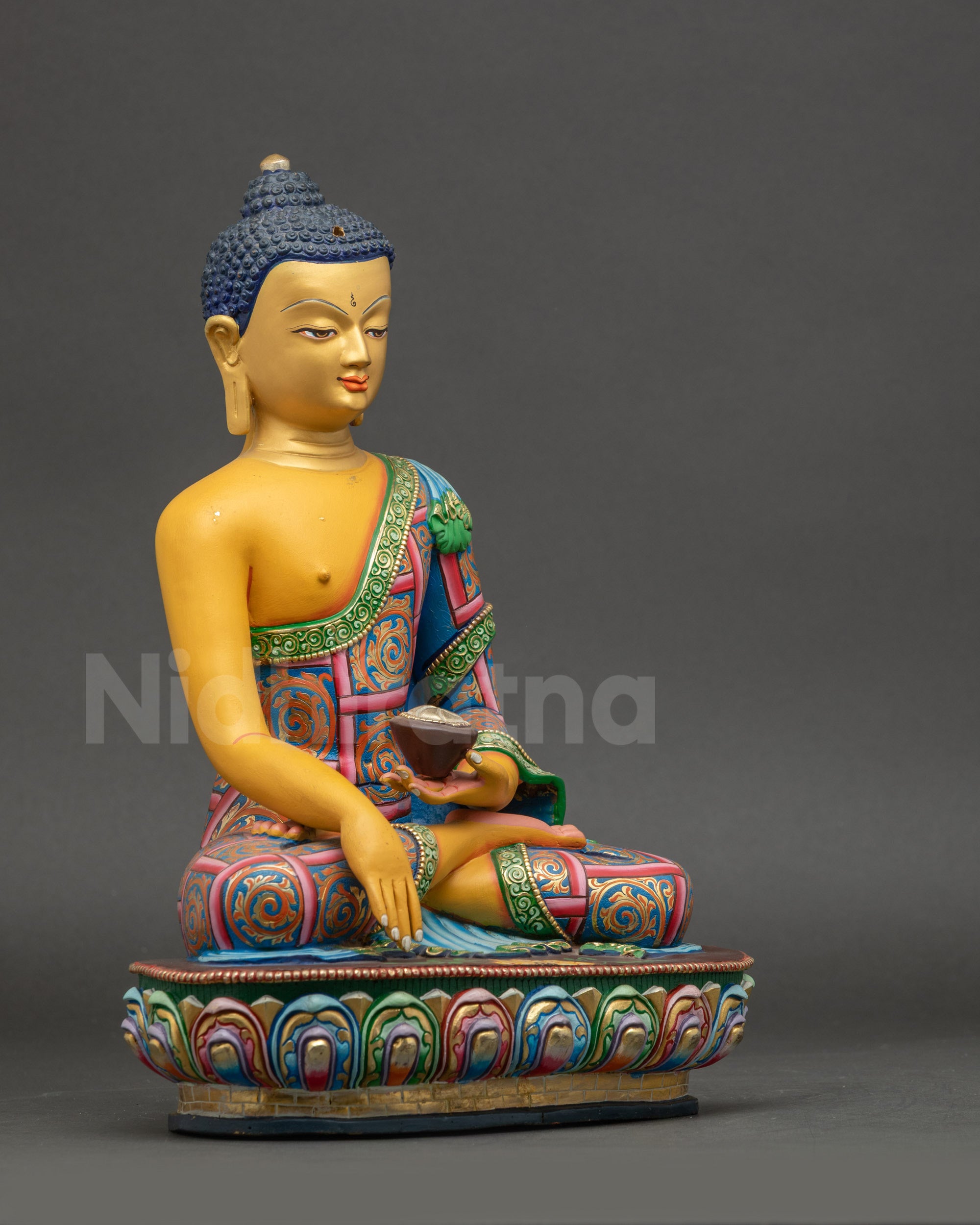 Shakyamuni Buddha Statue right side view hand-painted copper with gold face
