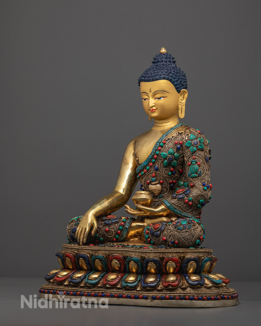 Shakyamuni Buddha Statue seated on a gemstone-adorned lotus throne with a sacred hollow chamber for mantras and concentration fillings